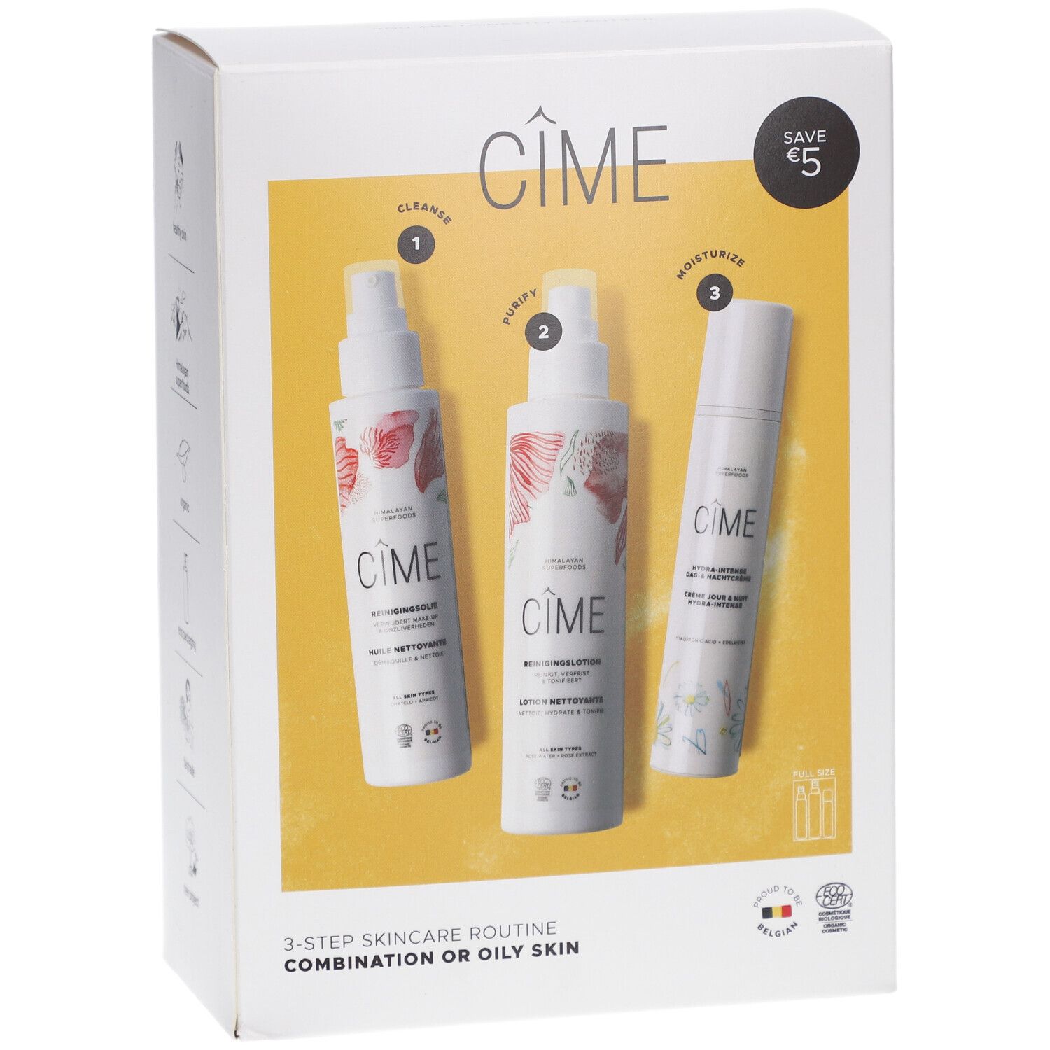 Geschenkverpakking met 3 huidverzorgingsproducten. Opschrift: CIME, 3-Step Skincare Routine, Save €5.