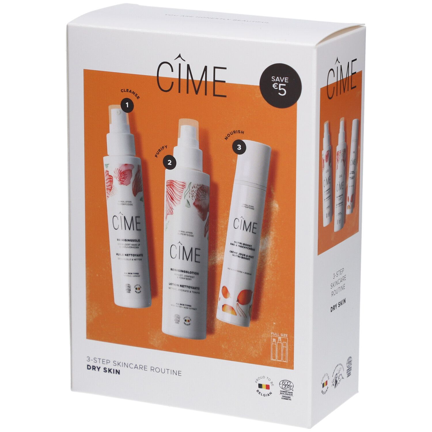 Witte doos met drie producten. Opschrift: Cîme, 3-Step Skincare Routine, Dry Skin. Sticker: Save €5.
