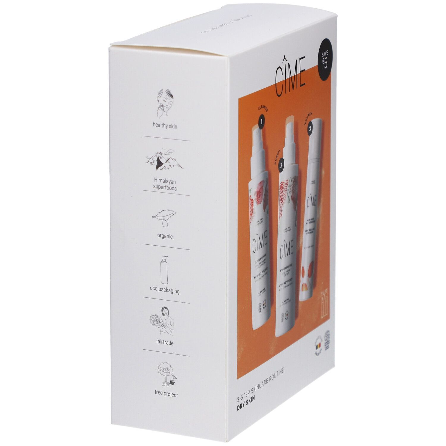 Witte verpakking met oranje achtergrond. Opschrift: Cîme, 3-Step Skincare Routine, Dry Skin. Logo's en iconen.