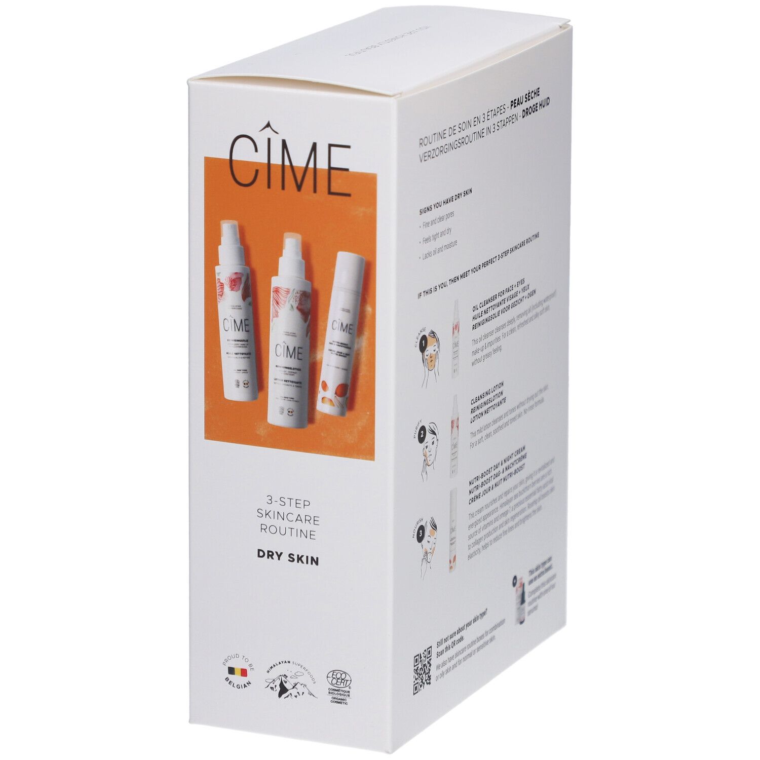 Verpakking met drie producten. Opschrift: Cîme, 3-Step Skincare Routine, Dry Skin. Logo's en iconen.