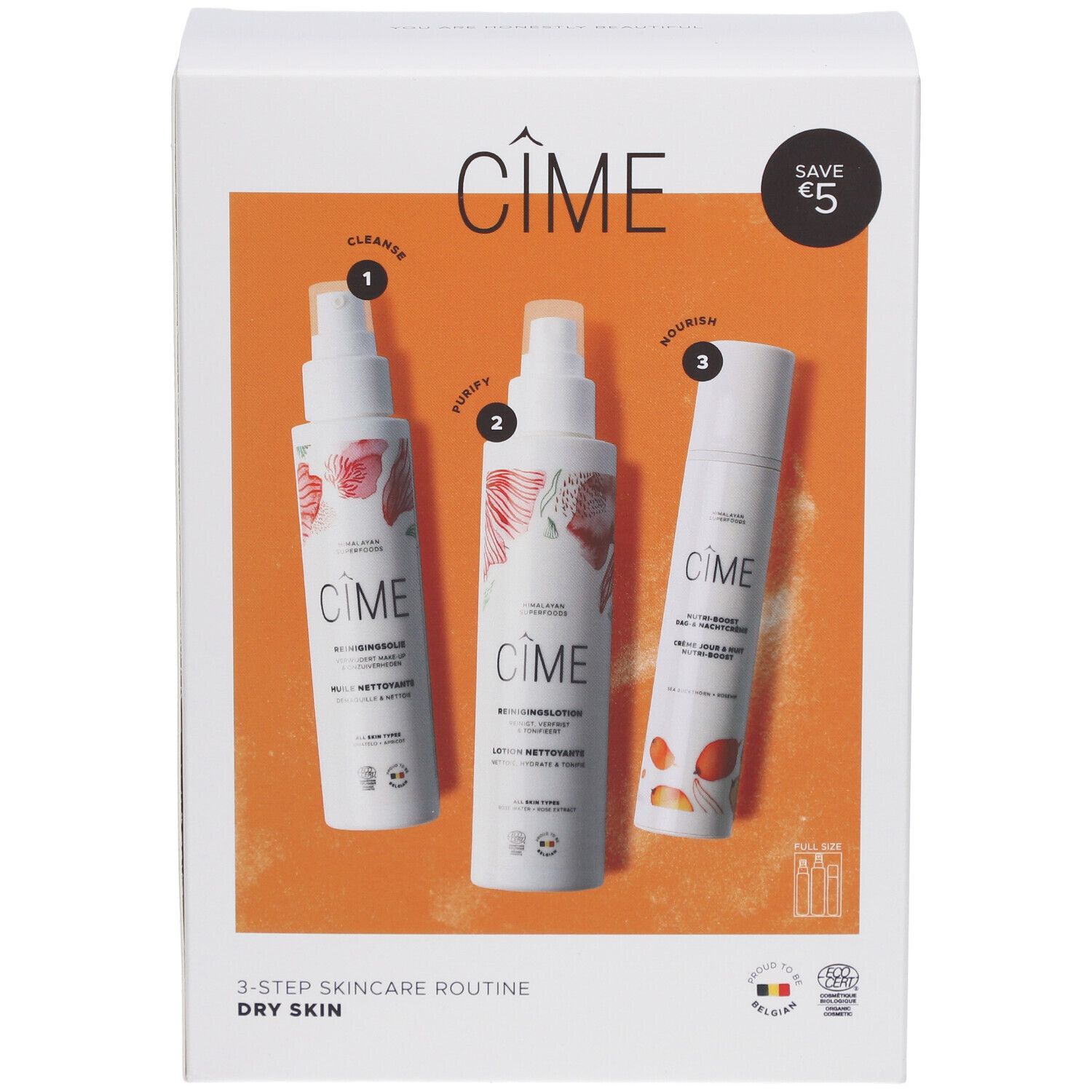 Witte doos met drie producten. Opschrift: Cîme, 3-Step Skincare Routine, Dry Skin. Sticker: Save €5.