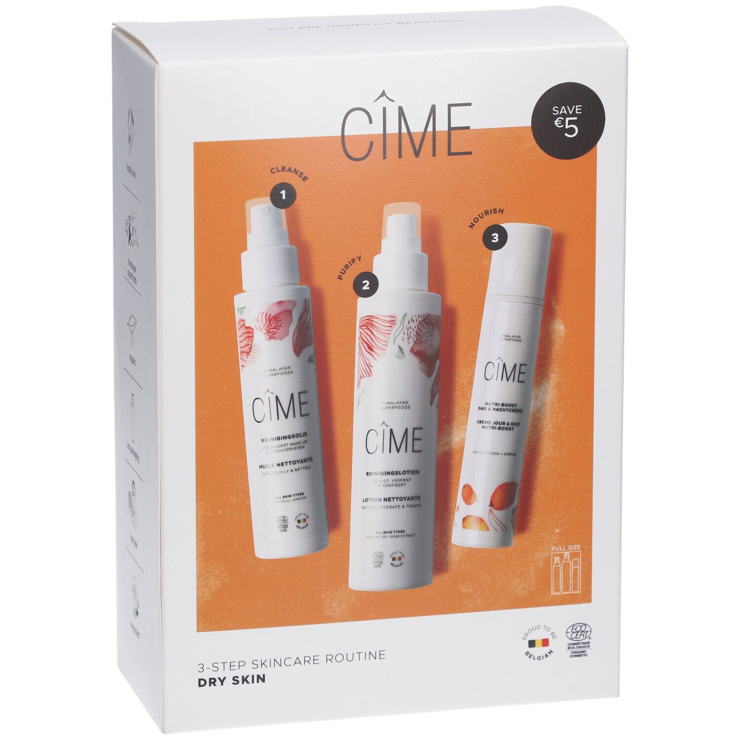Witte doos met drie producten. Opschrift: Cîme, 3-Step Skincare Routine, Dry Skin. Sticker: Save €5.