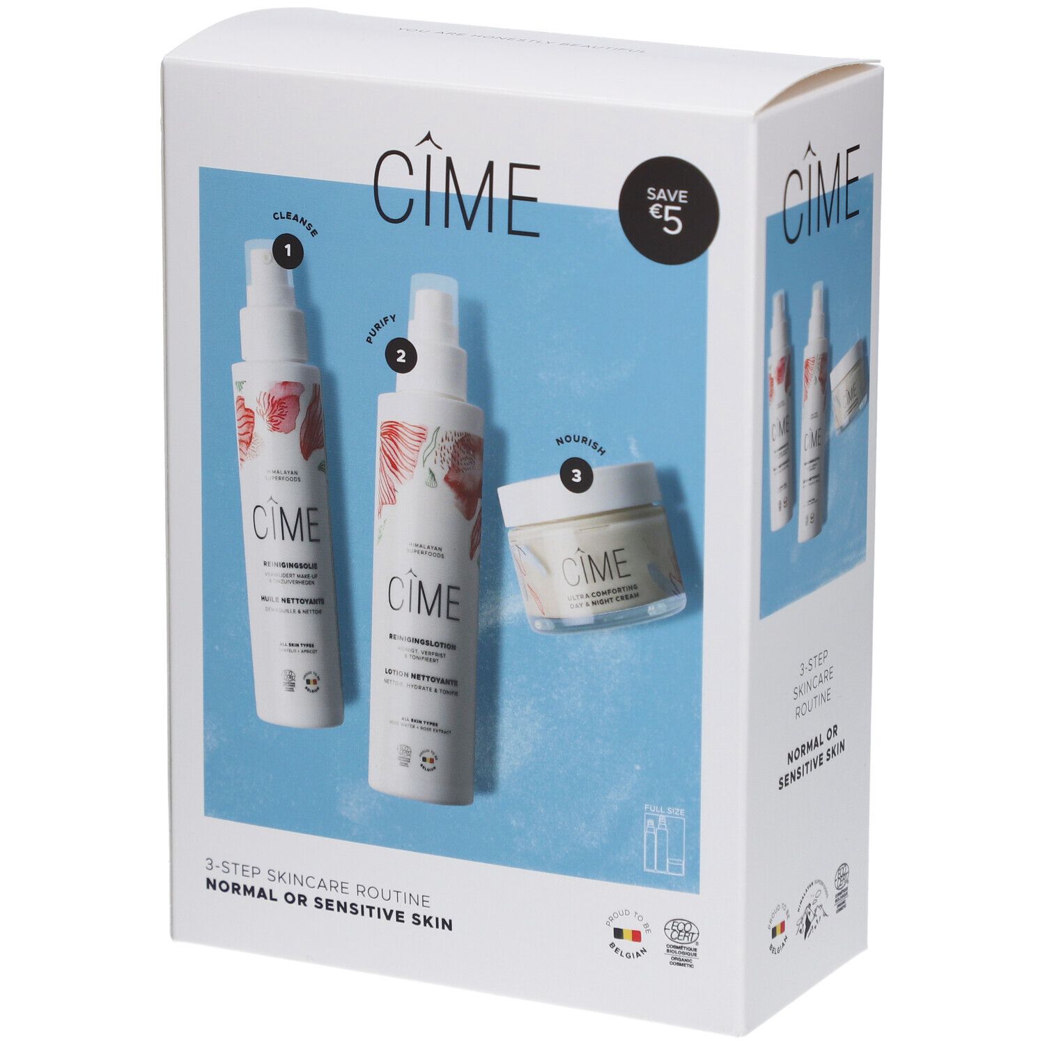 Cîme gezichtsverzorgingsset. Bevat drie producten: reiniger, zuiveraar en crème. Verpakking met productafbeeldingen.