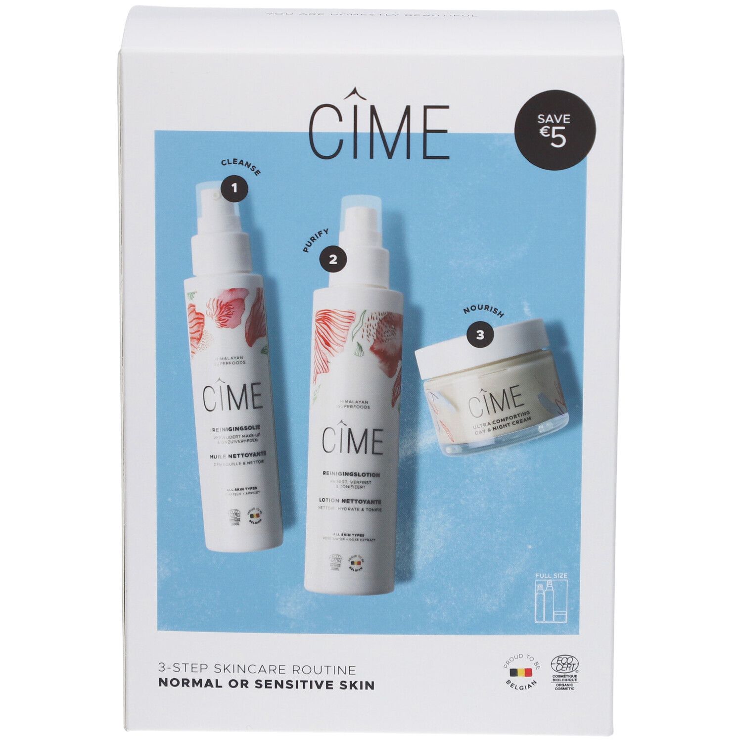 Cîme gezichtsverzorgingsset. Bevat drie producten: reiniger, zuiveraar en crème. Verpakking met productafbeeldingen.