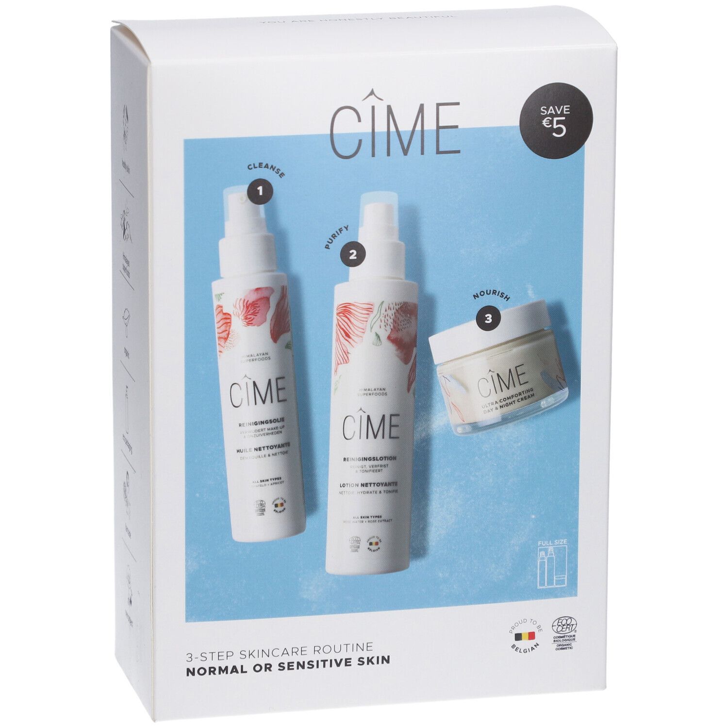 Cîme gezichtsverzorgingsset. Bevat drie producten: reiniger, zuiveraar en crème. Verpakking met productafbeeldingen.