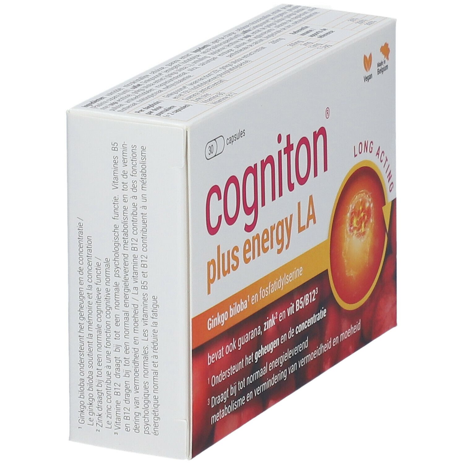 Boîte blanche "Cogniton plus energy LA" inclinée, 30 capsules. Logo Vegan et "Made in Belgium". Ingrédients.