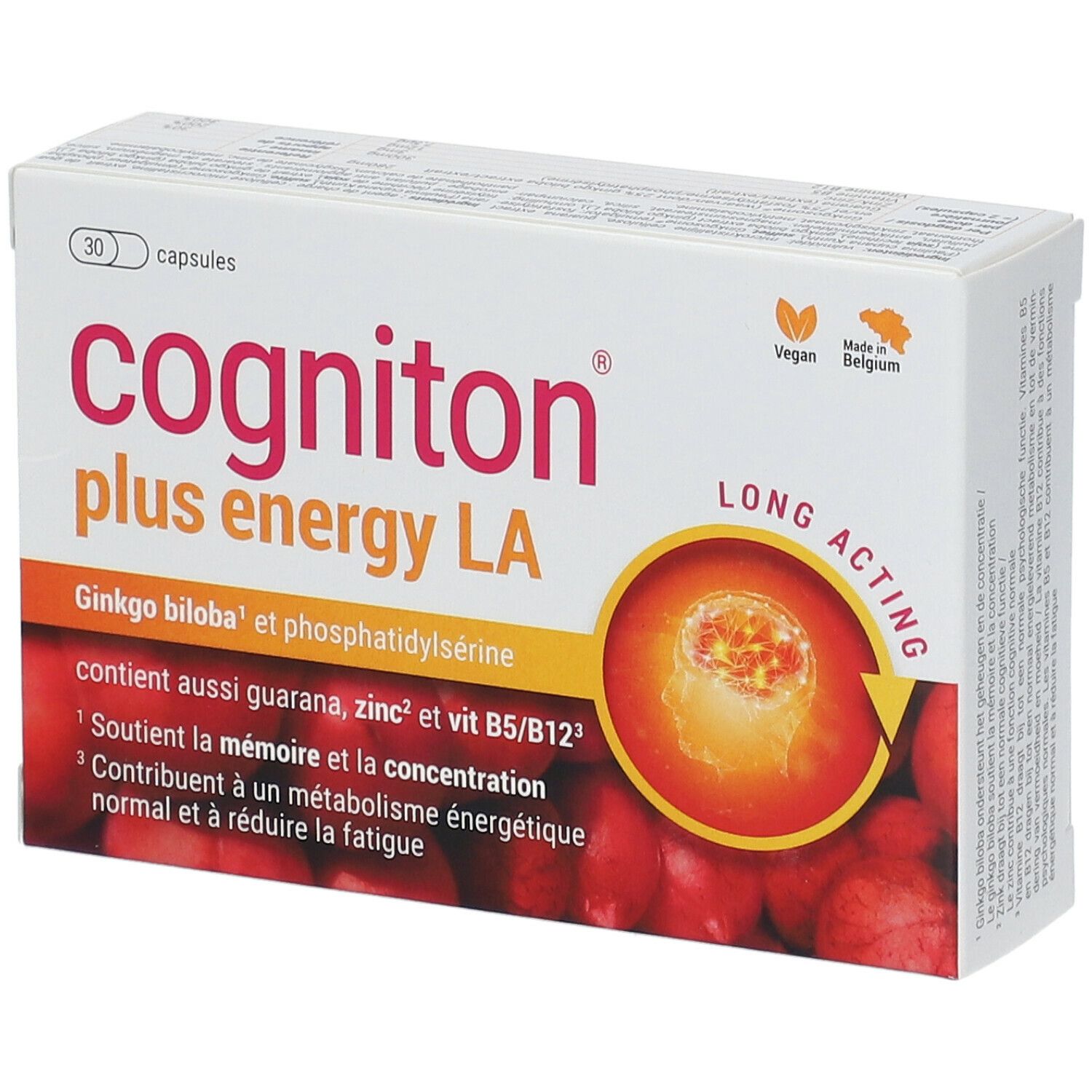 Boîte blanche "Cogniton plus energy LA" avec 30 capsules. Logo Vegan et "Made in Belgium". Ingrédients et informations.