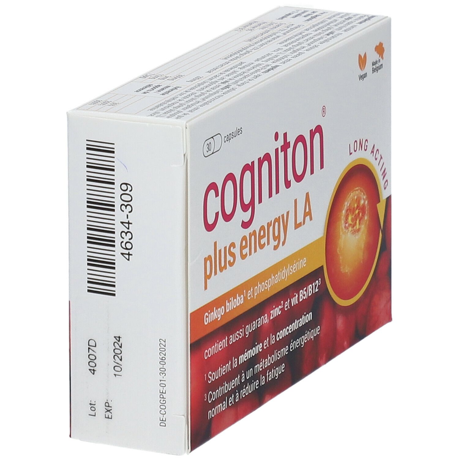 Boîte blanche "Cogniton plus energy LA" inclinée, 30 capsules. Logo Vegan et "Made in Belgium".