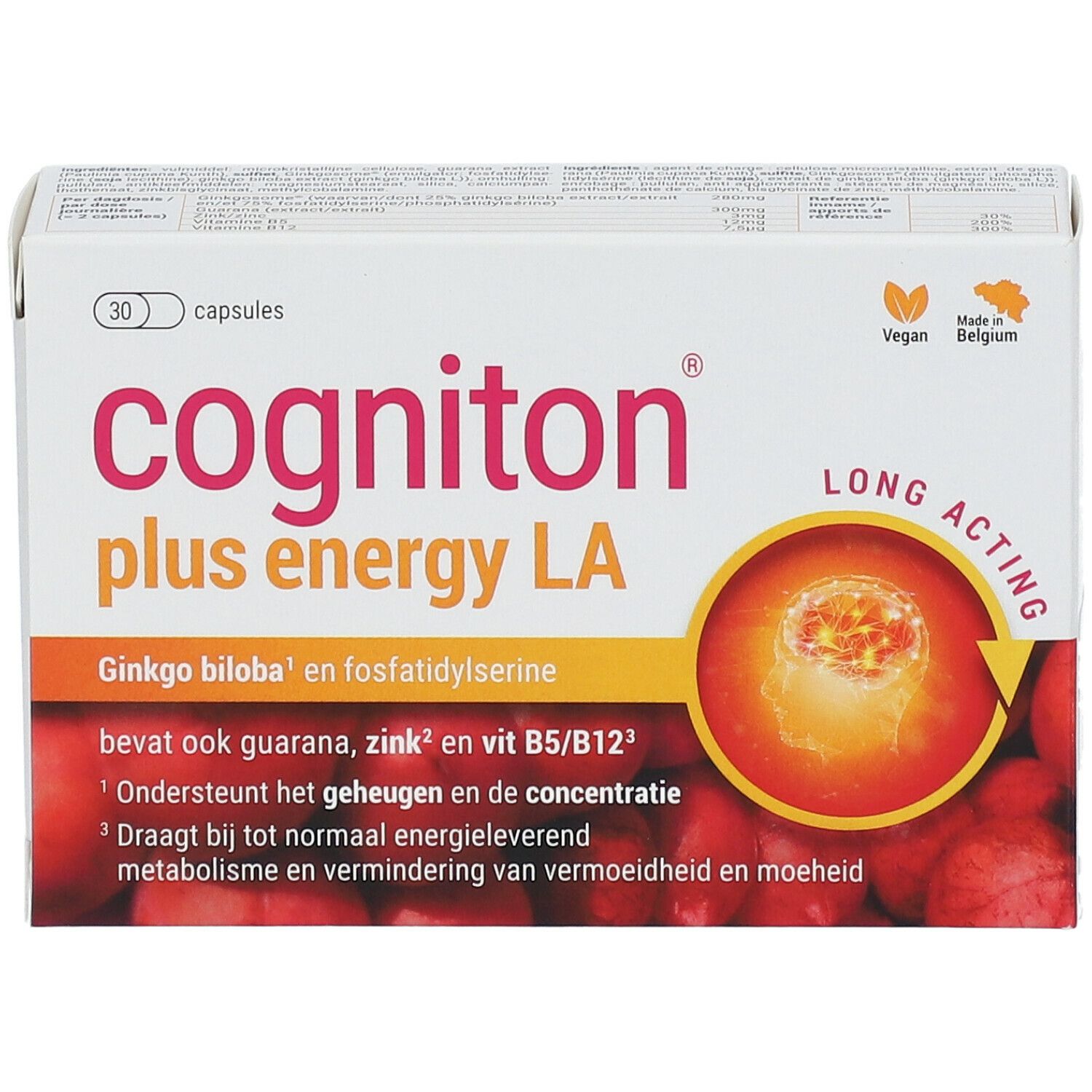 Boîte blanche "Cogniton plus energy LA" avec 30 capsules. Logo Vegan et "Made in Belgium". Ingrédients et informations.
