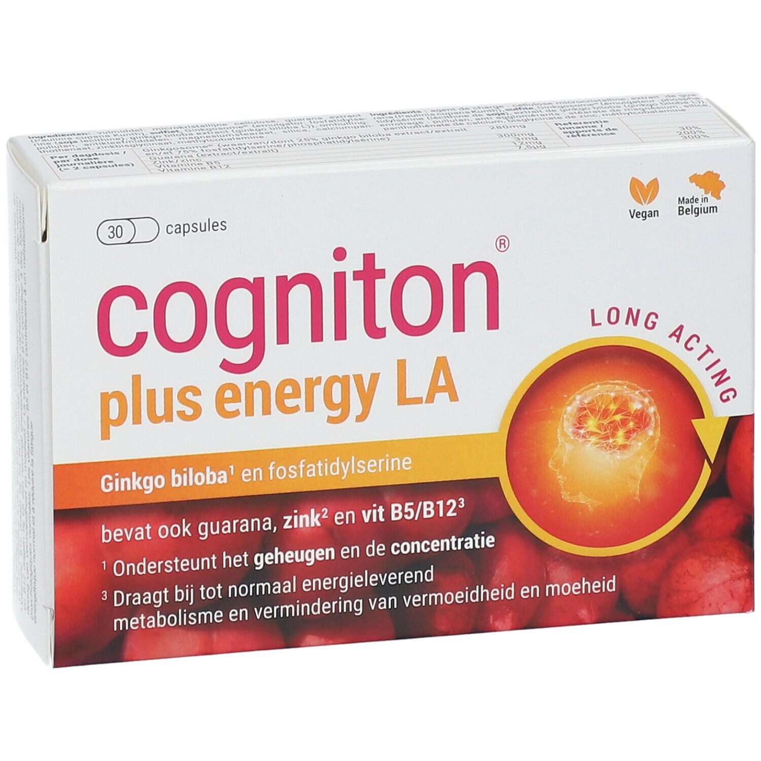 Boîte blanche "Cogniton plus energy LA" avec 30 capsules. Logo Vegan et "Made in Belgium". Ingrédients et informations.