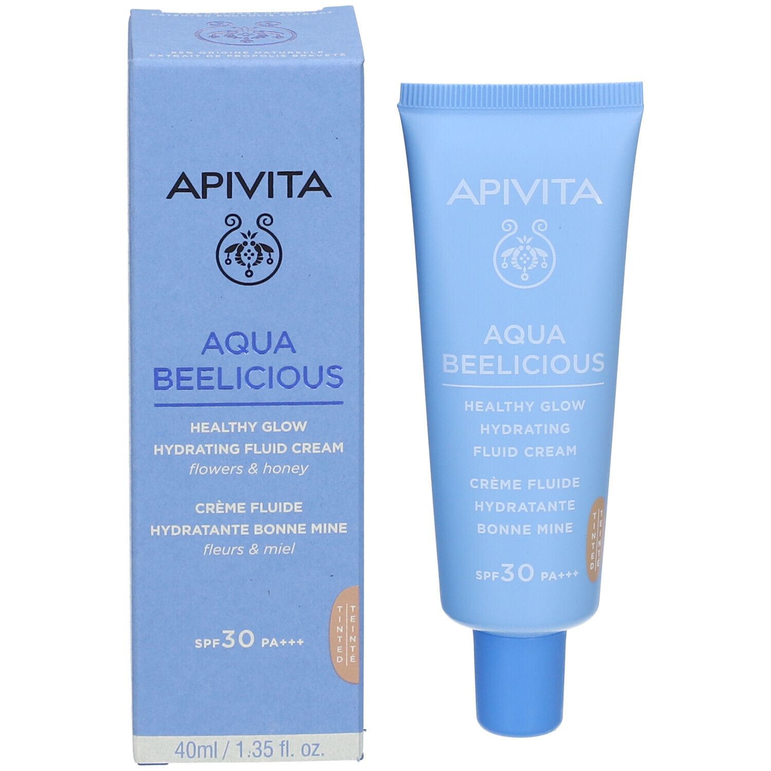 Produkt und Verpackung. Hellblaue Tube und Schachtel. Aufschrift: APIVITA Aqua Beelicious, SPF30.