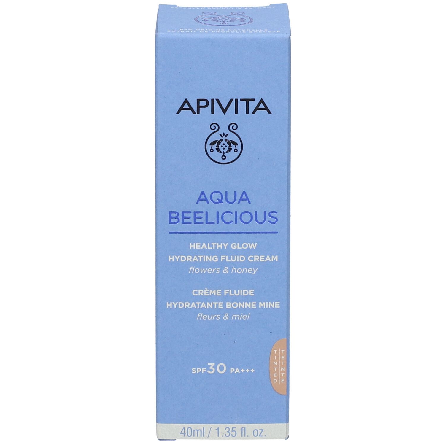Hellblaue Schachtel. Aufschrift: APIVITA Aqua Beelicious, Hydrating Fluid Cream, SPF30.