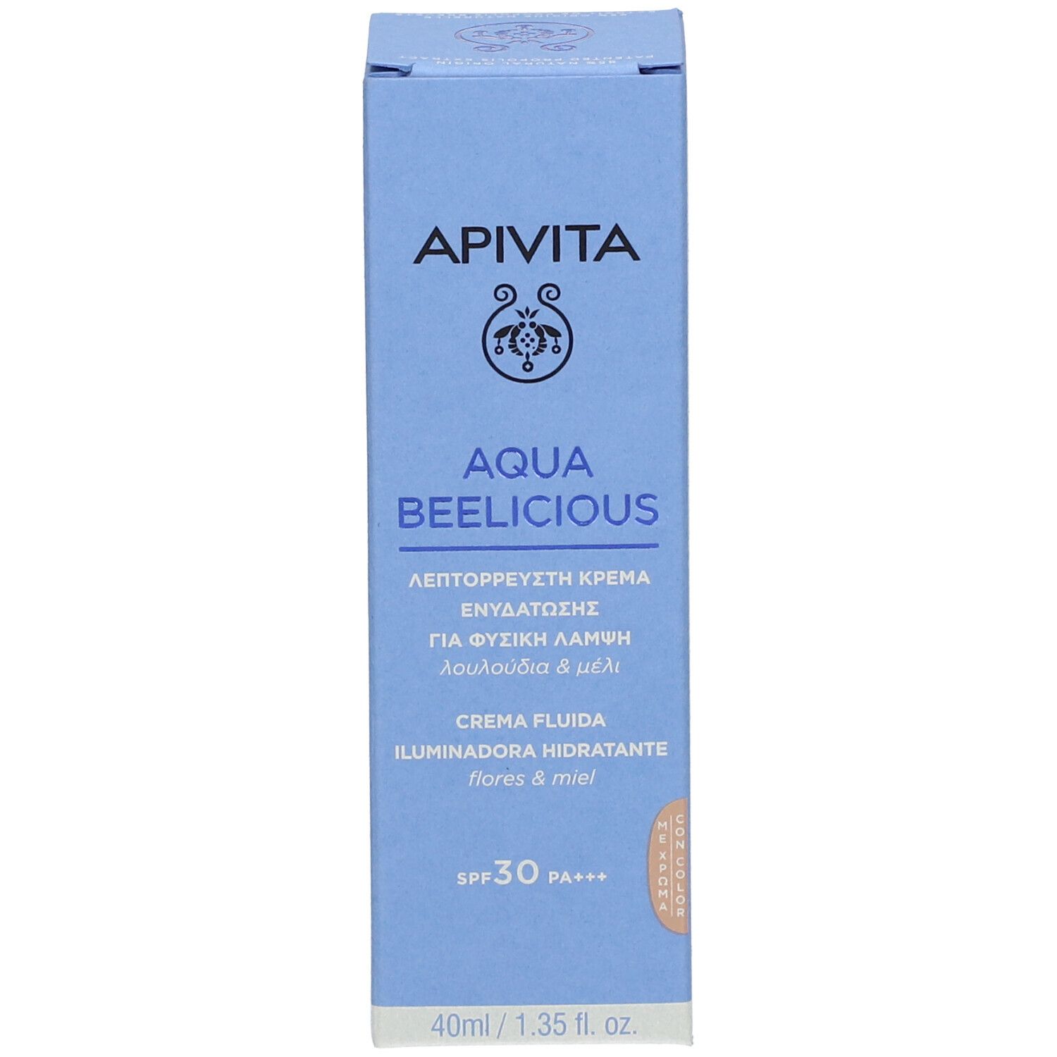 Schachtel. Aufschrift: APIVITA Aqua Beelicious, Hydrating Fluid Cream, SPF30. Produktabbildung.