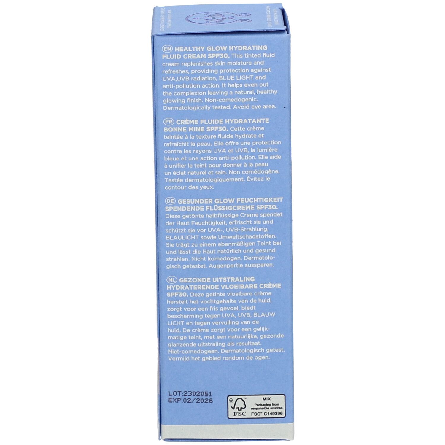 Rückseite der Schachtel. Produktbeschreibung in verschiedenen Sprachen. Text und Logos.