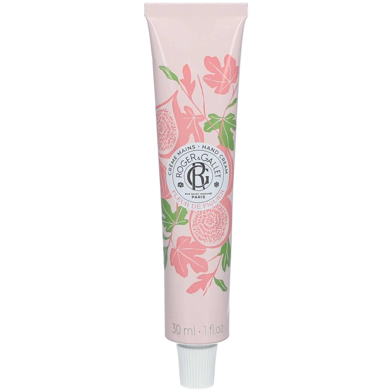 Roze handcrèmetube met bloemmotief en productnaam. Merk Roger & Gallet, tekst: Fleur de Figuier.