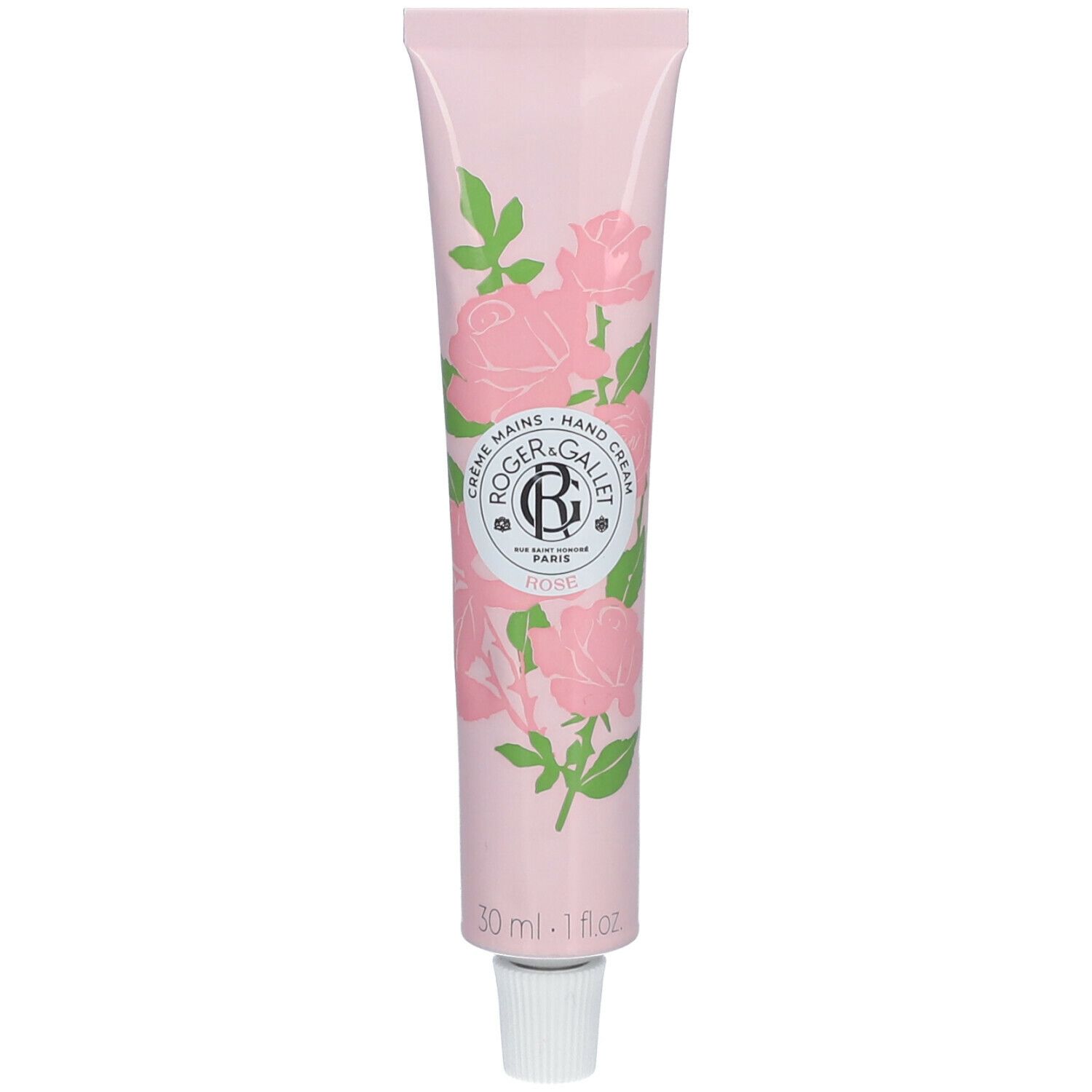 Tube de crème pour les mains rose avec décor de roses et texte. Marque Roger & Gallet. Nom de la crème pour les mains : ROSE.