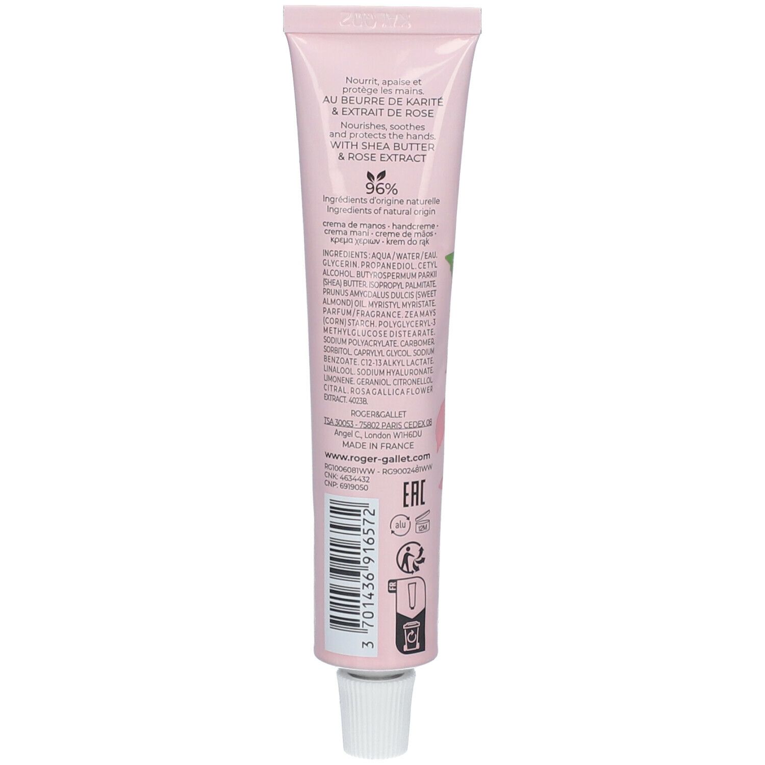 Dos du tube de crème pour les mains rose. Texte avec ingrédients et informations du fabricant. Marque Roger & Gallet.