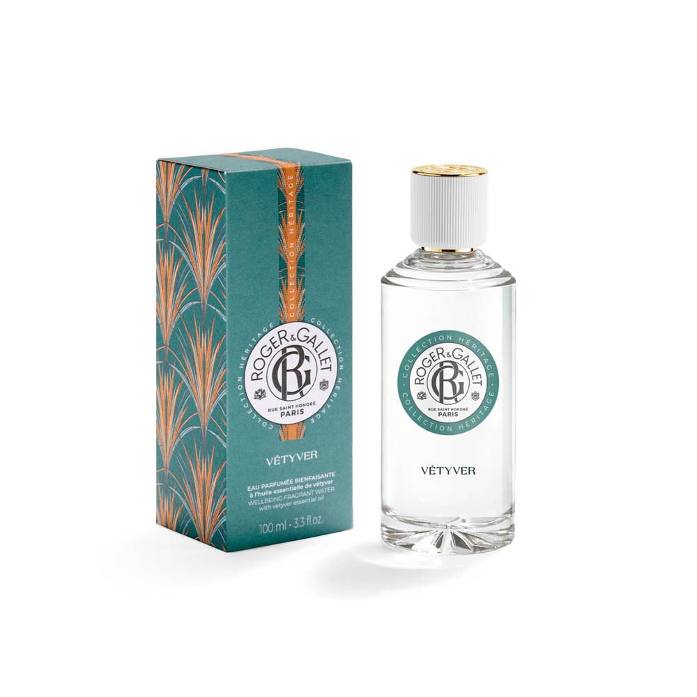 Emballage produit: boîte et flacon. Logo Roger & Gallet, VÉTYVER. Flacon avec bouchon doré. Texte: Eau Parfumée Bienfaisante.