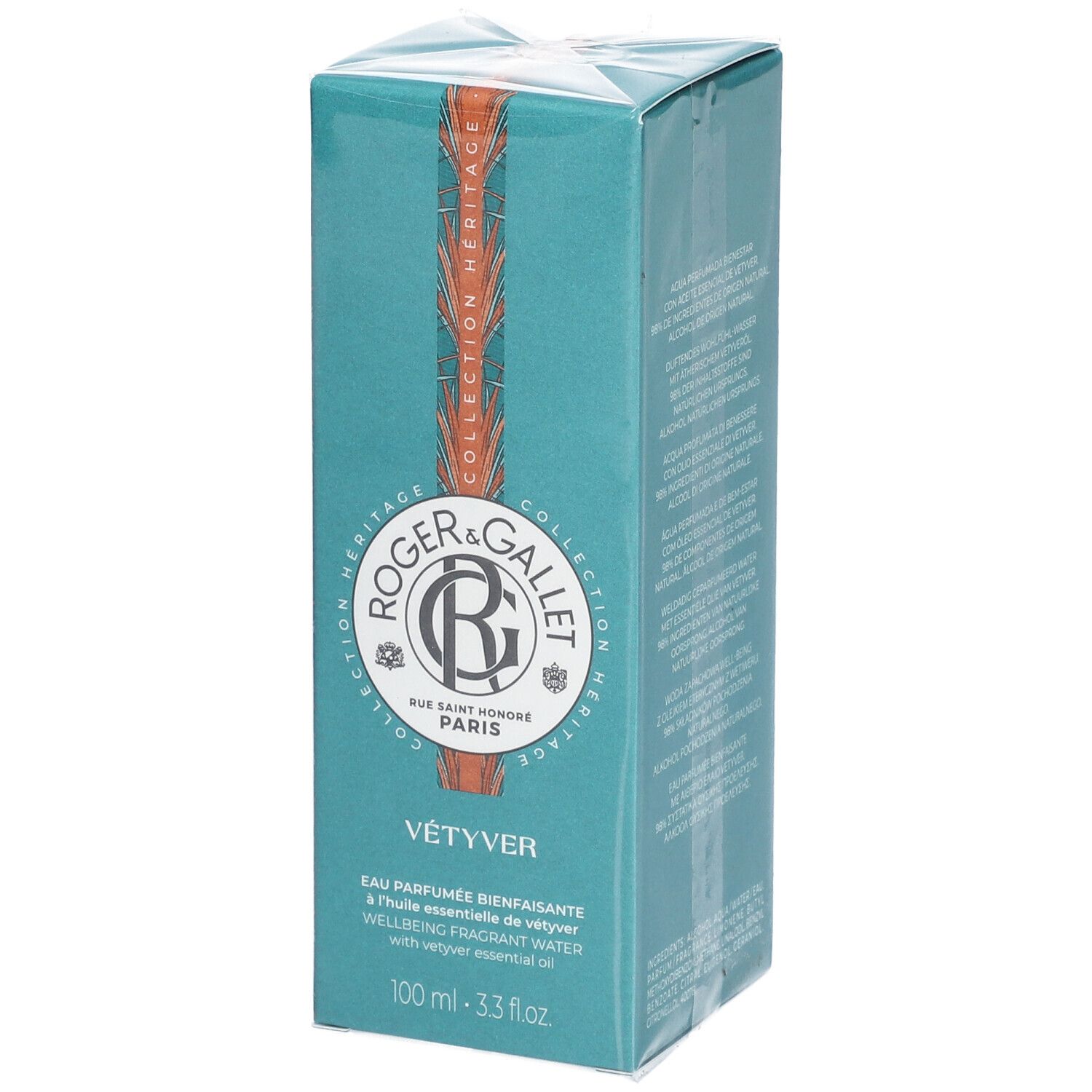 Boîte turquoise avec informations produit. Logo Roger & Gallet, VÉTYVER. Texte: Eau Parfumée Bienfaisante à l'huile essentielle.