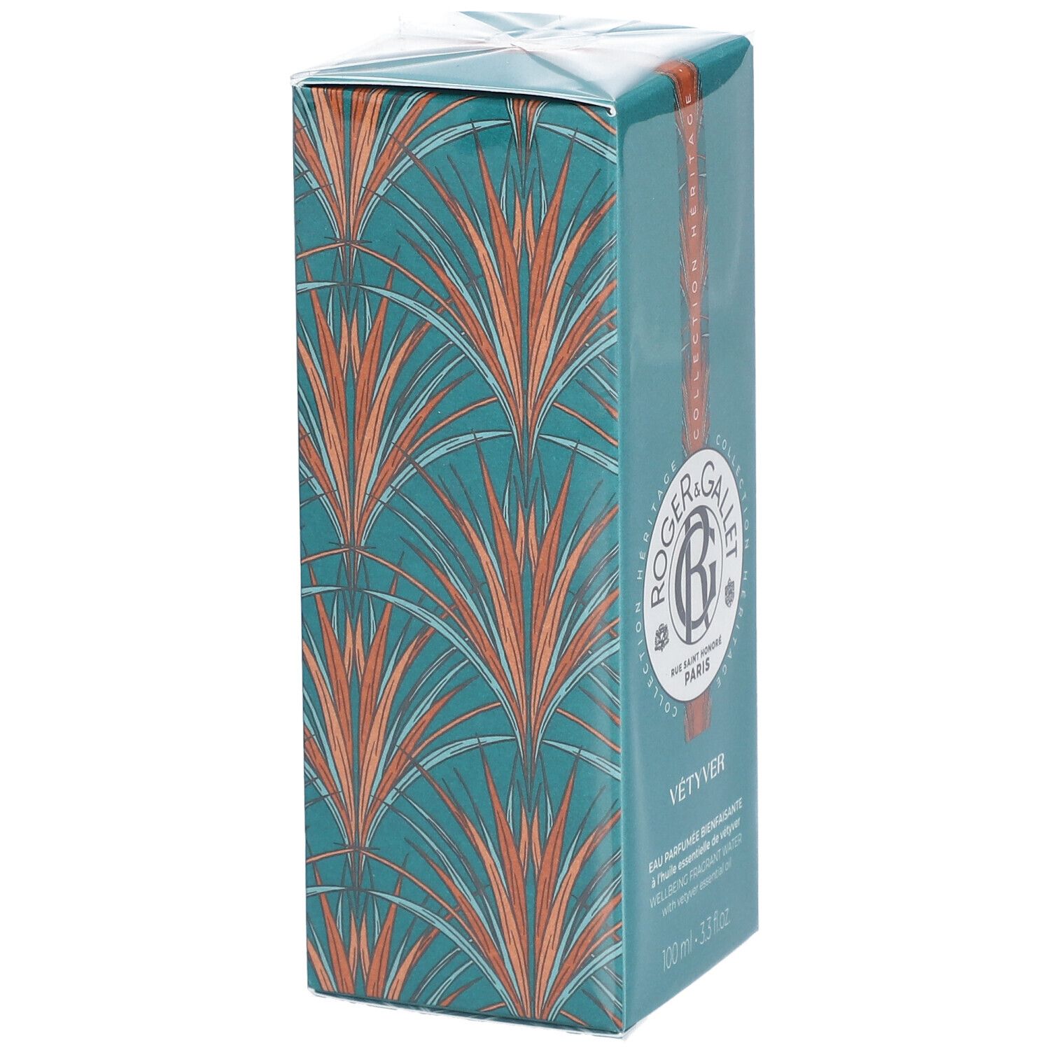 Boîte turquoise avec motif orange. Logo Roger & Gallet, VÉTYVER. Texte: Eau Parfumée Bienfaisante.