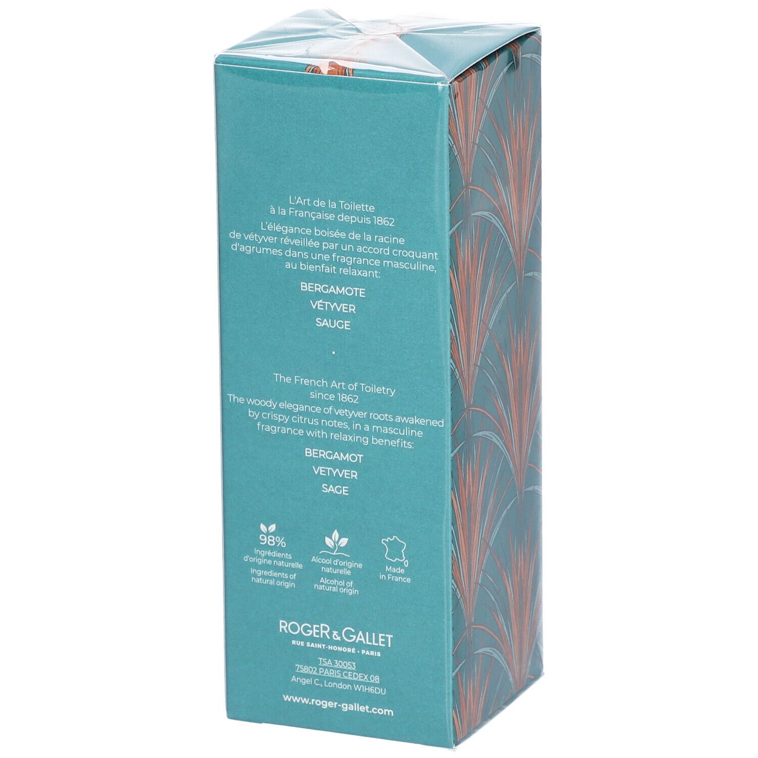 Boîte turquoise avec texte. Logo Roger & Gallet. Noms de produits: Bergamote, VÉTYVER, Sauge. Texte: 98% ingrédients d'origine naturelle.
