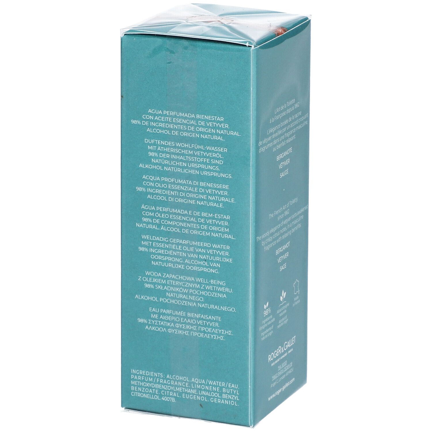 Boîte turquoise avec texte. Logo Roger & Gallet. Texte: Agua Perfumada Bienestar, 98% ingrédients d'origine naturelle.