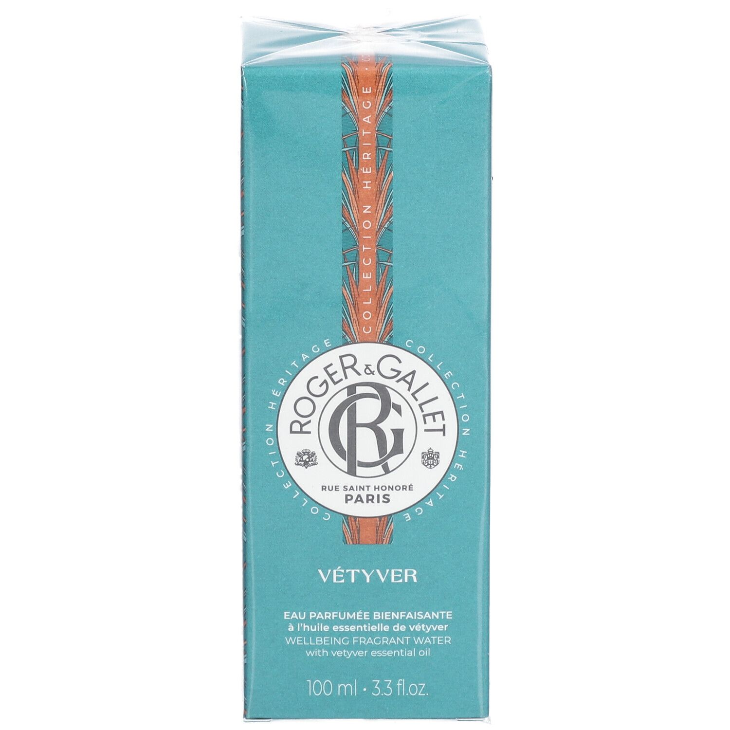 Boîte turquoise avec informations produit. Logo Roger & Gallet, VÉTYVER. Texte: Eau Parfumée Bienfaisante à l'huile essentielle.