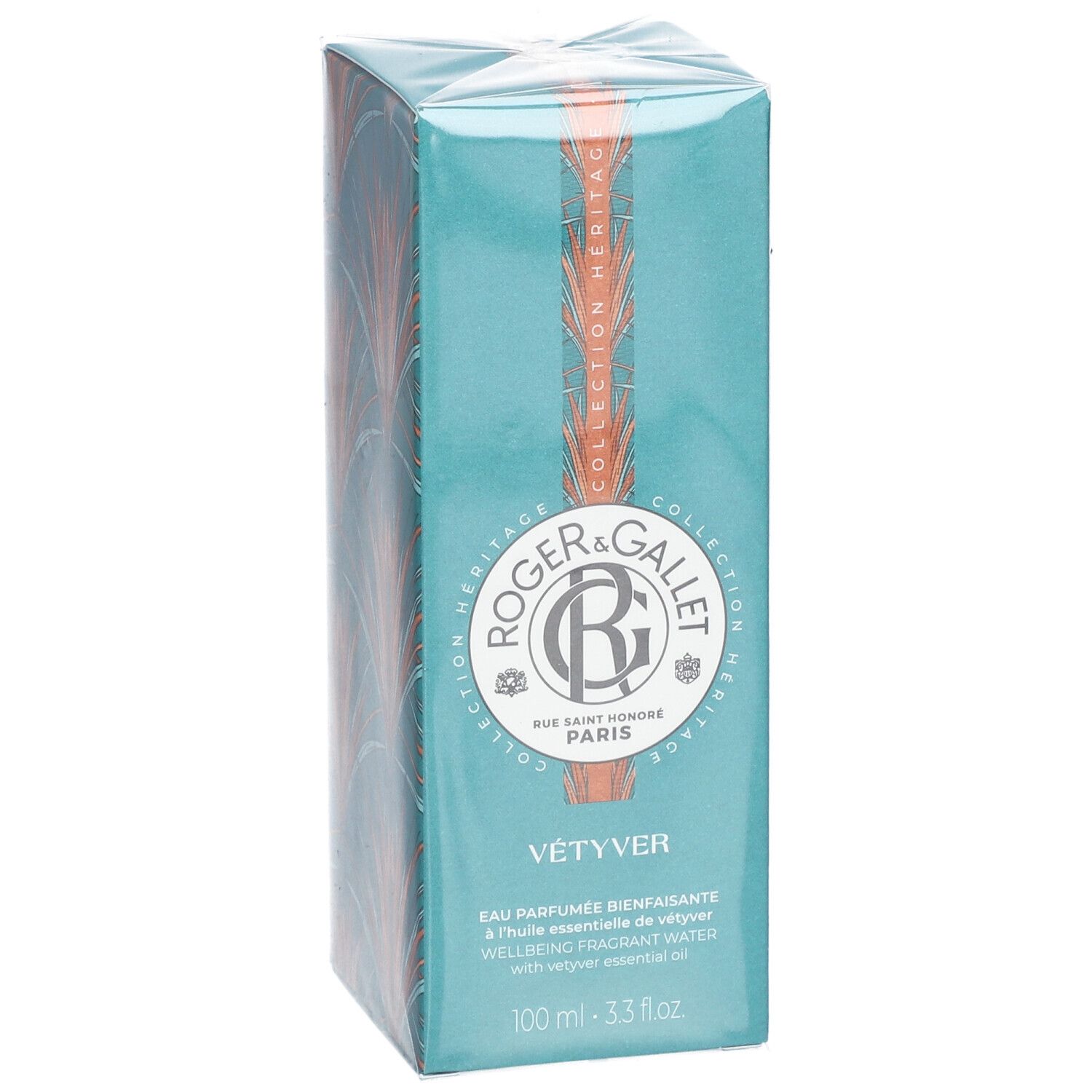 Boîte turquoise avec informations produit. Logo Roger & Gallet, VÉTYVER. Texte: Eau Parfumée Bienfaisante à l'huile essentielle.