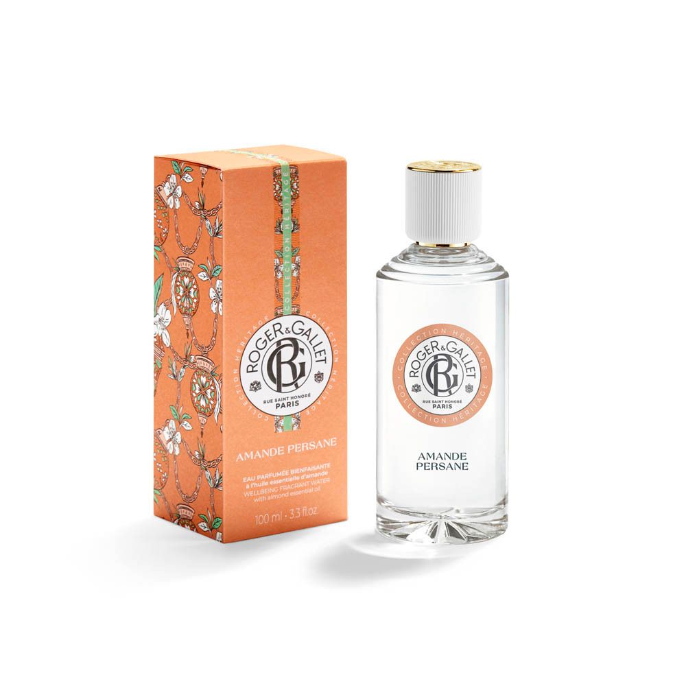 Flacon et boîte. Flacon avec bouchon blanc et boîte. Logo et texte 'AMANDE PERSANE'.