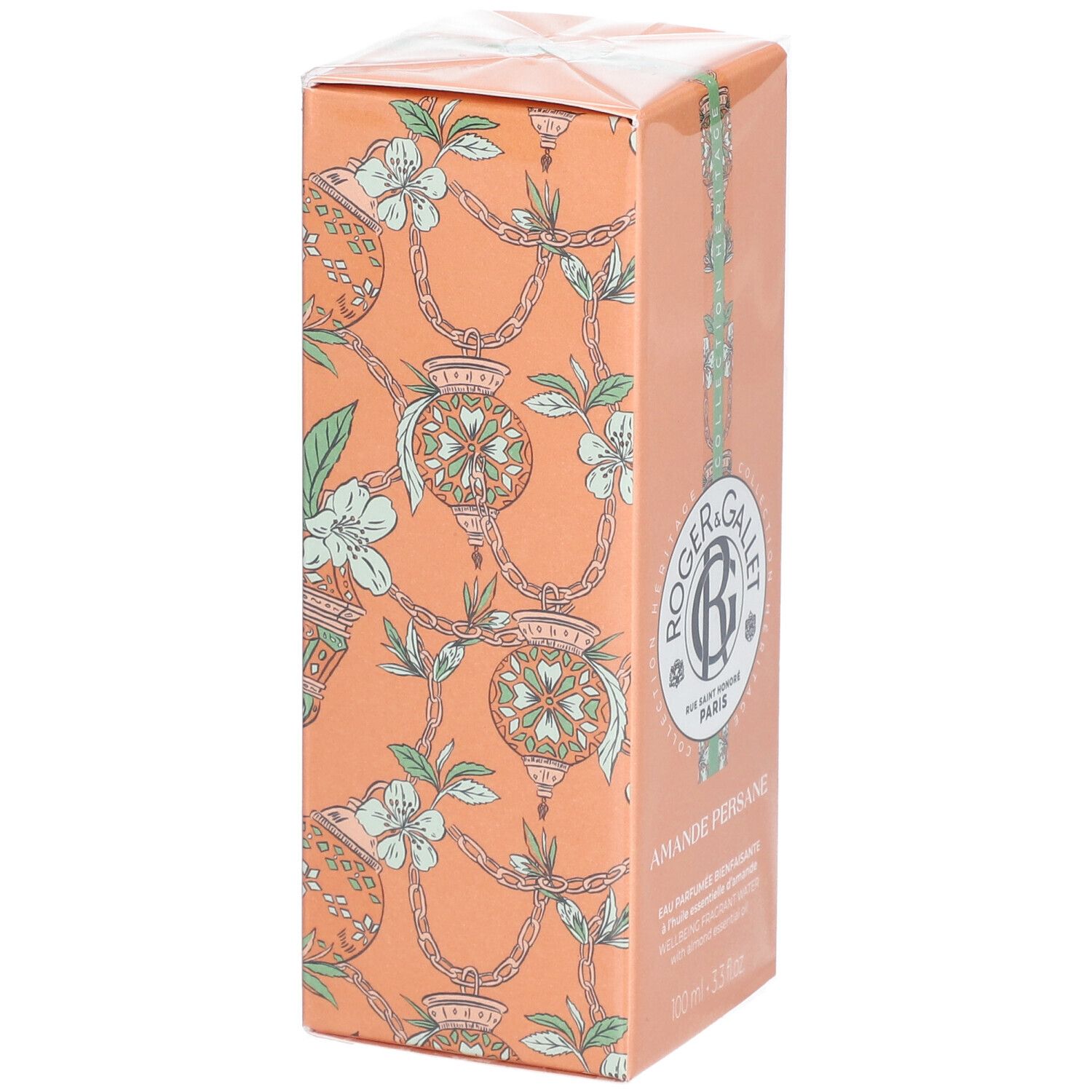 Verpakking met bloemmotief. Logo en tekst 'AMANDE PERSANE'. Oranje achtergrond.