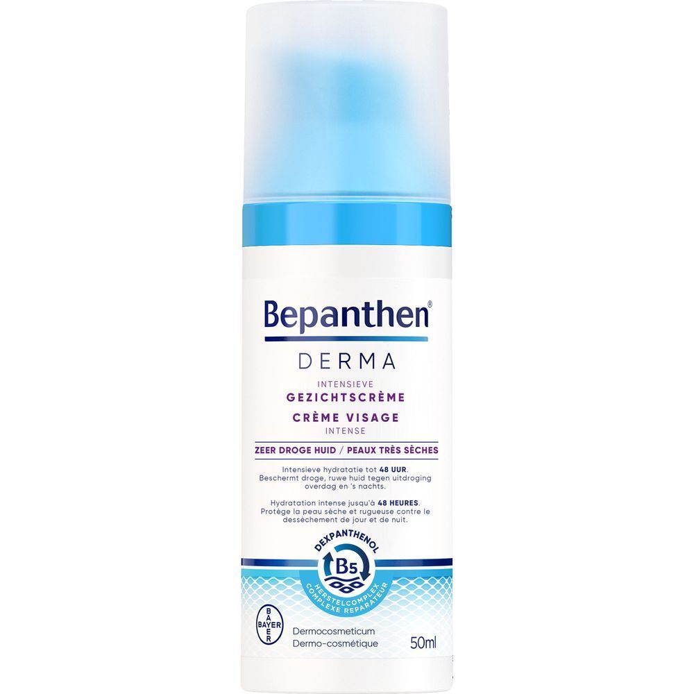 Fles Bepanthen Derma Crème Visage Intense. Blauwe en witte kleuren.