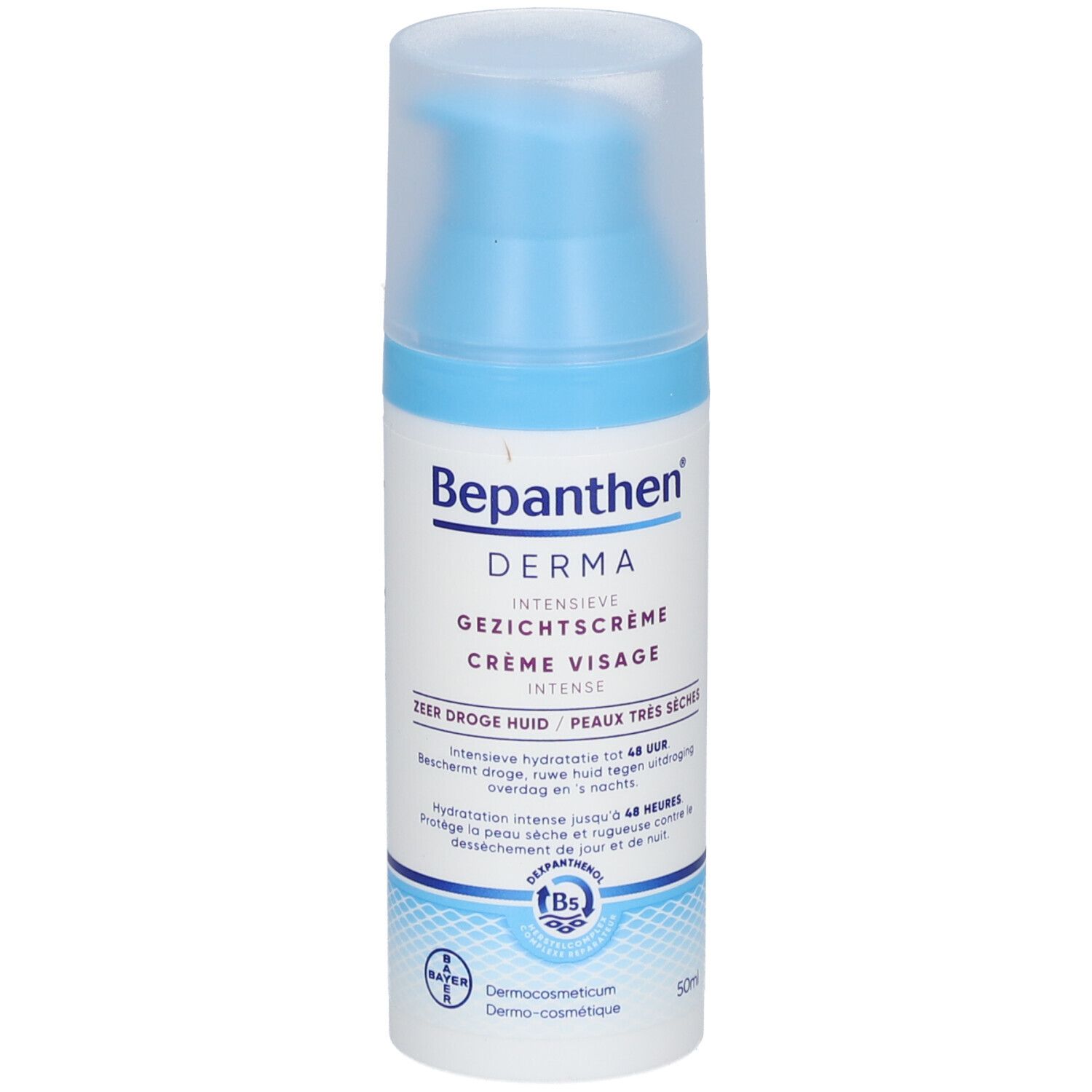 Fles Bepanthen Derma Crème Visage Intense. Blauwe en witte kleuren.