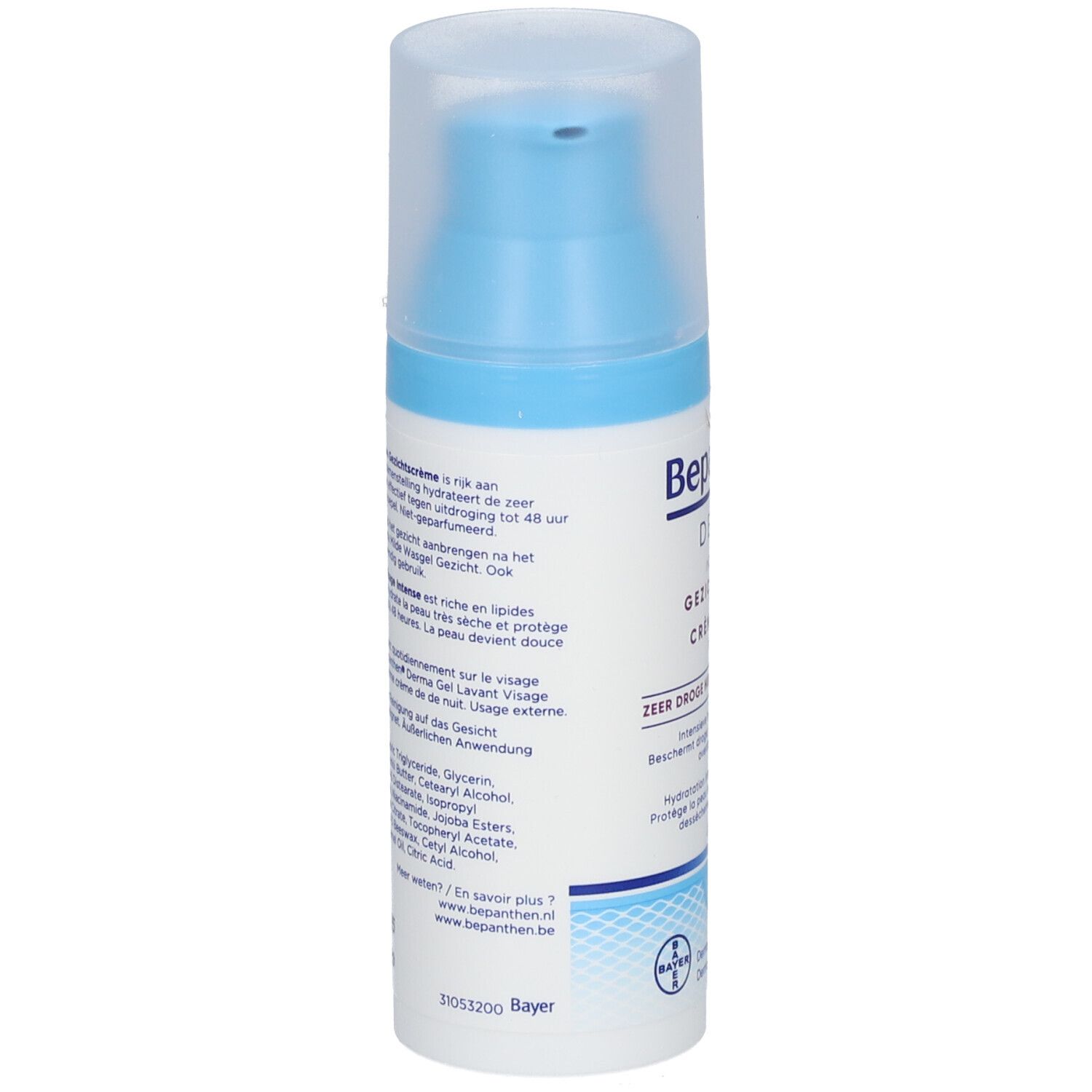 Achterkant Bepanthen Derma Crème Visage Intense fles. Meertalige tekst.