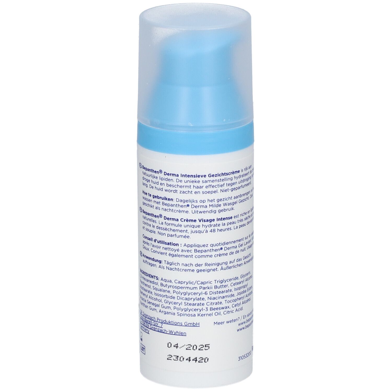 Achterkant Bepanthen Derma Crème Visage Intense fles. Meertalige tekst.