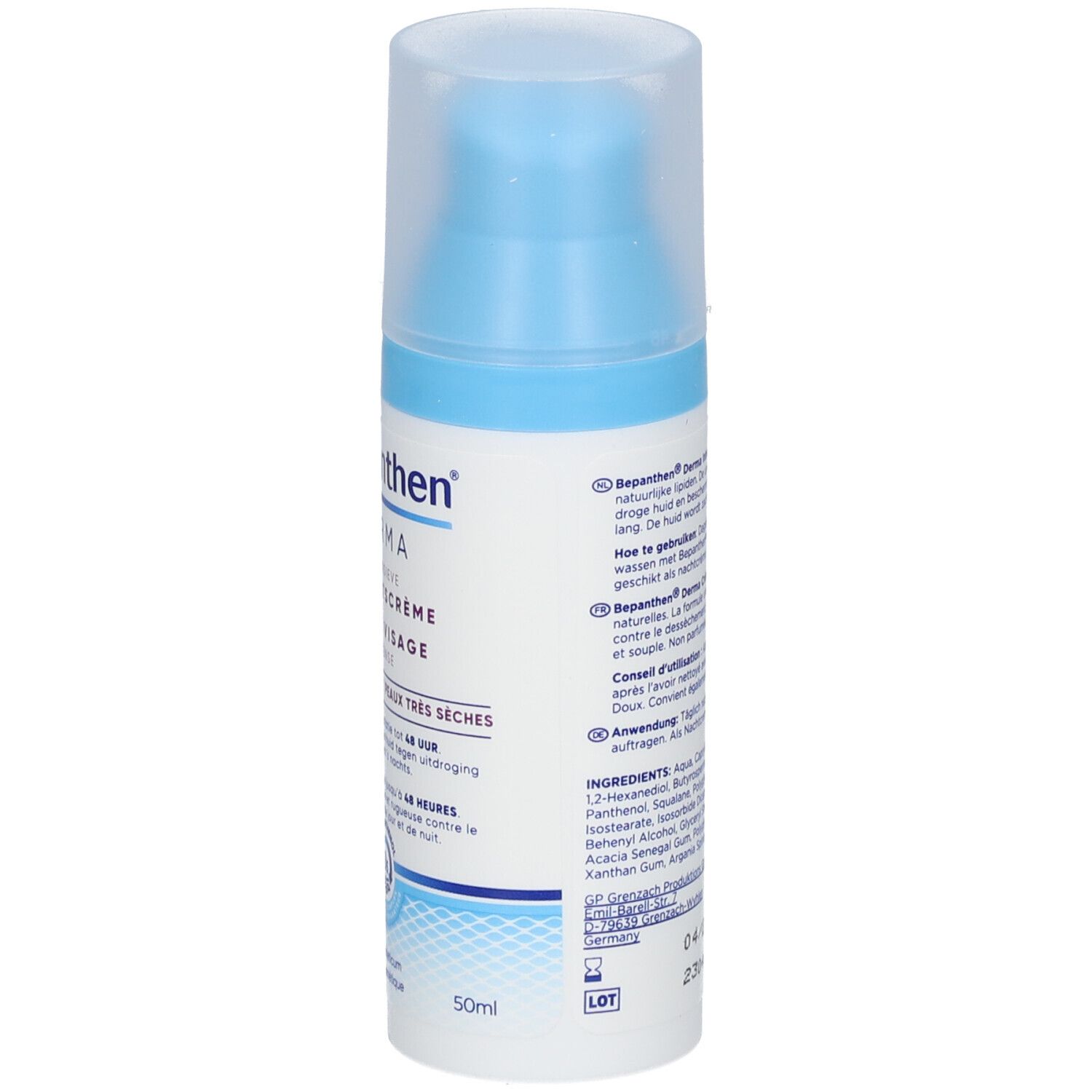 Achterkant Bepanthen Derma Crème Visage Intense fles. Meertalige tekst.