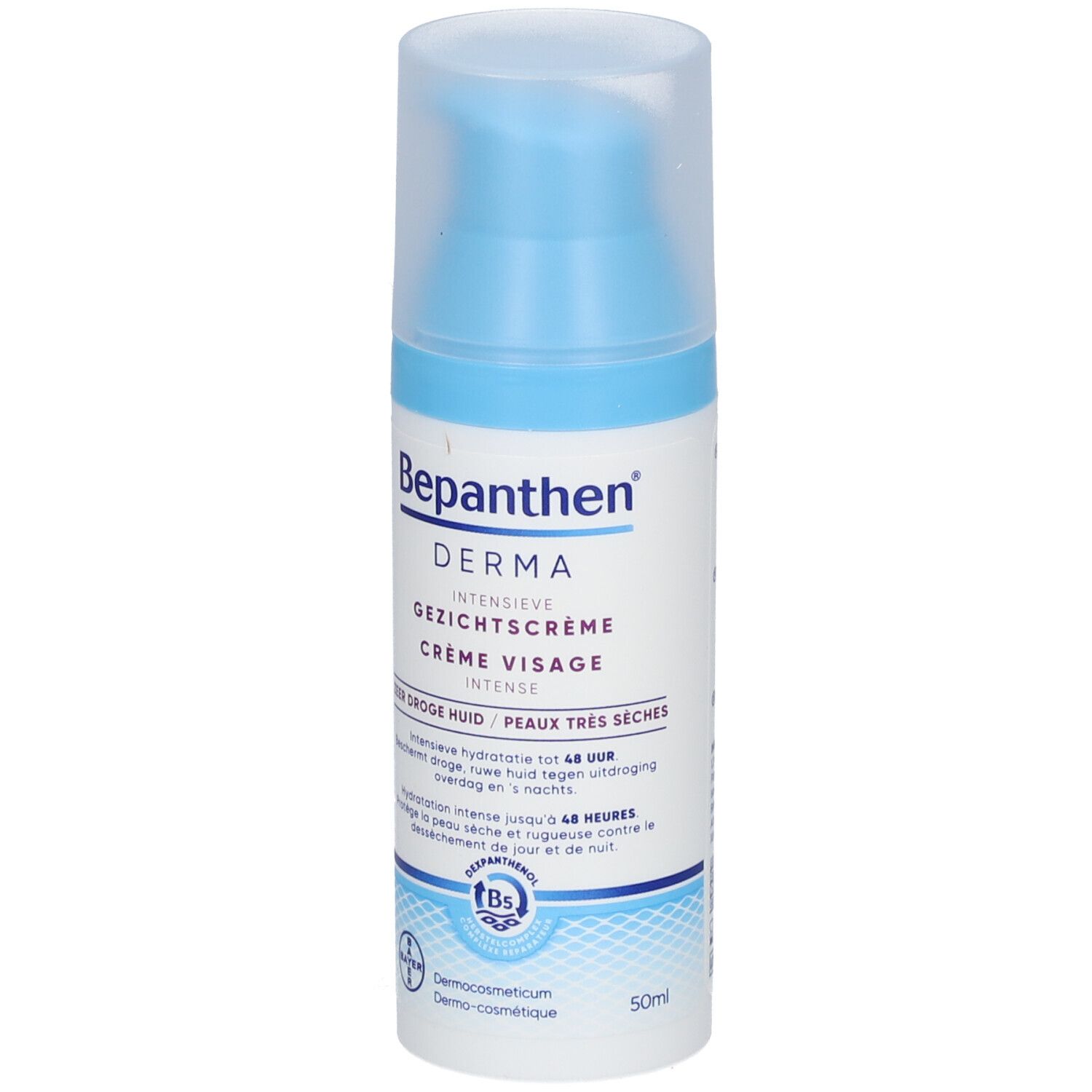Fles Bepanthen Derma Crème Visage Intense. Blauwe en witte kleuren.