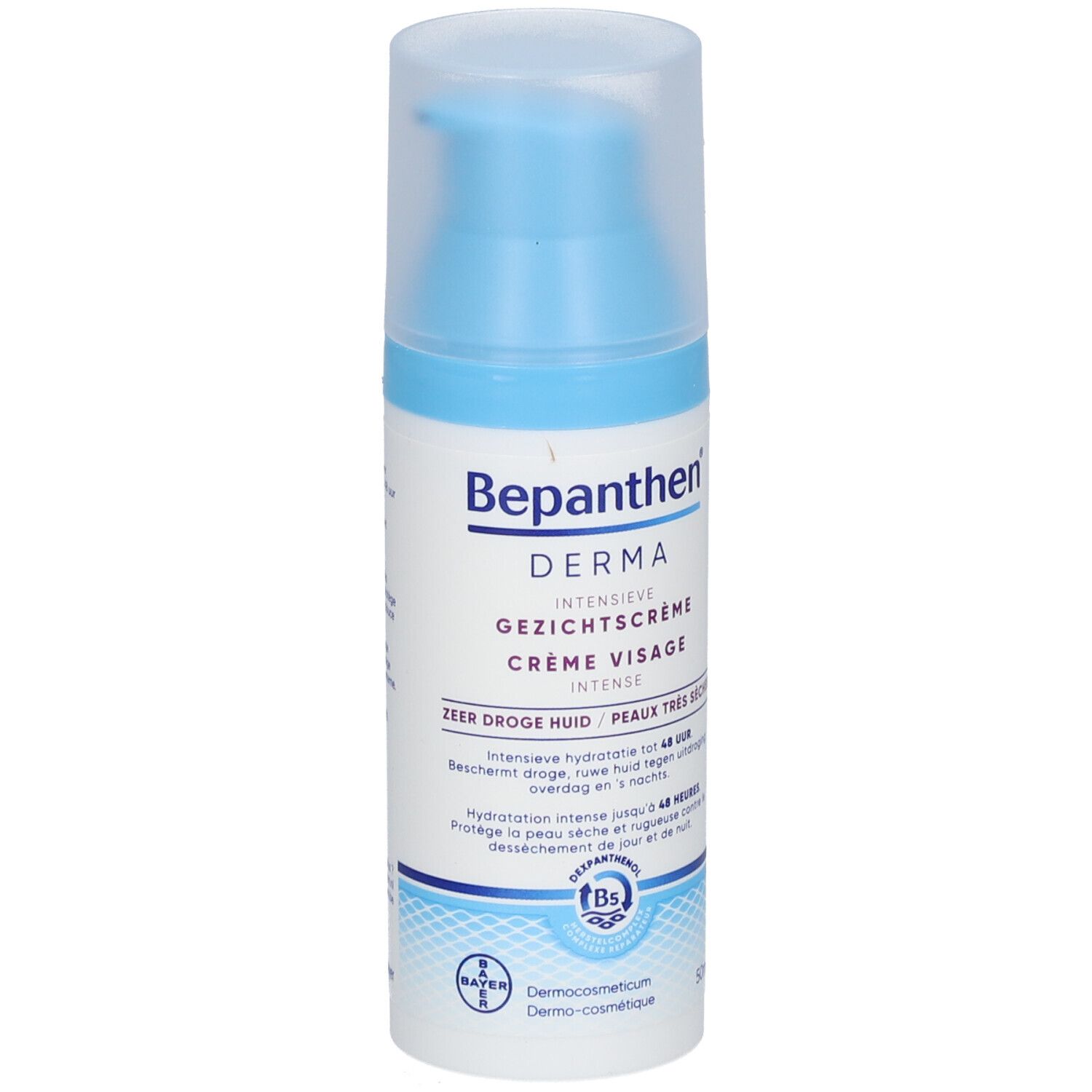 Fles Bepanthen Derma Crème Visage Intense. Blauwe en witte kleuren.
