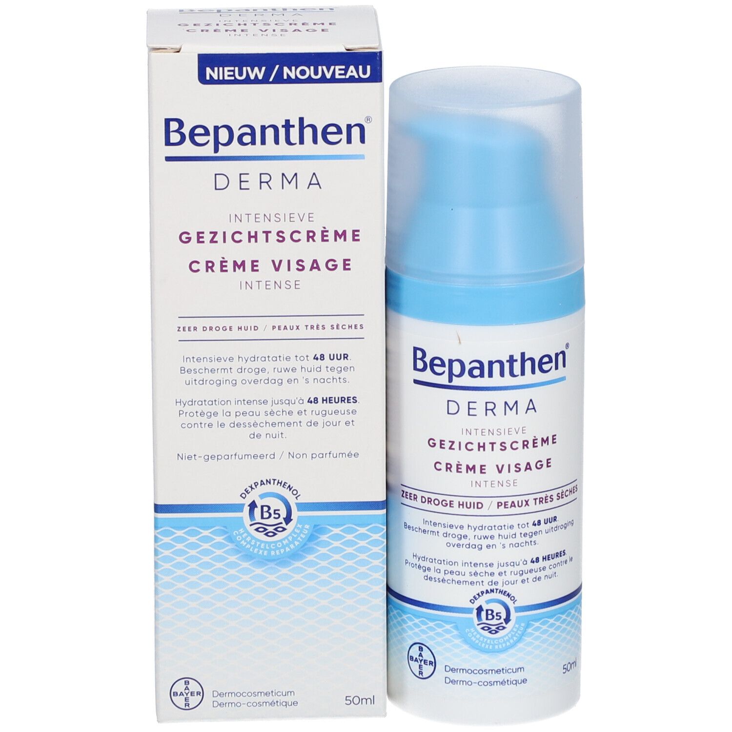 Bepanthen Derma Crème Visage Intense en verpakking. Blauwe en witte kleuren.