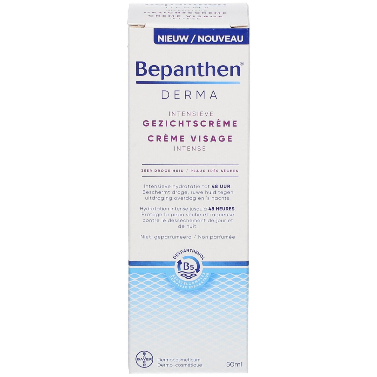 Bepanthen Derma Crème Visage Intense en verpakking. Blauwe en witte kleuren.