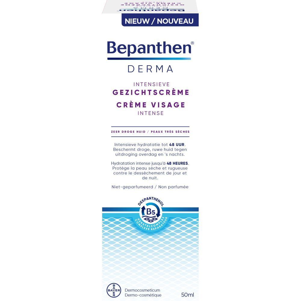 Fles Bepanthen Derma Crème Visage Intense. Blauwe en witte kleuren.