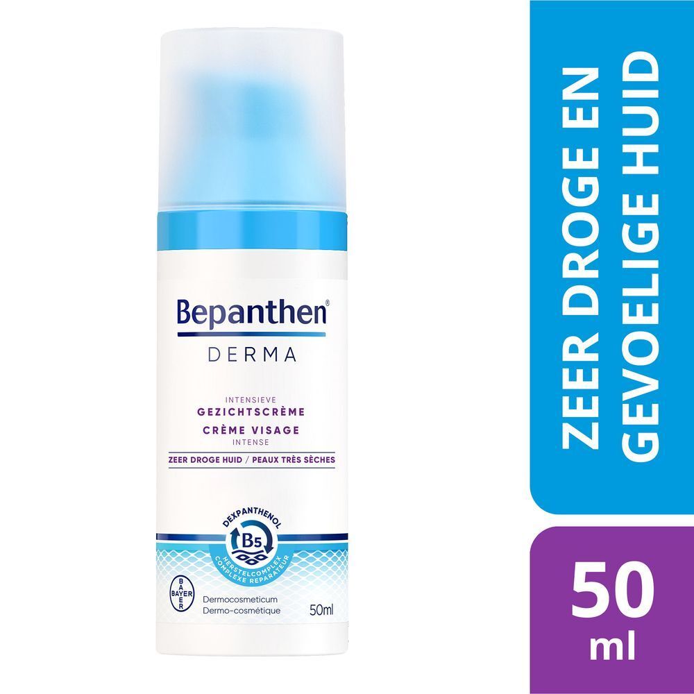 Achterkant Bepanthen Derma Crème Visage Intense fles. Meertalige tekst.