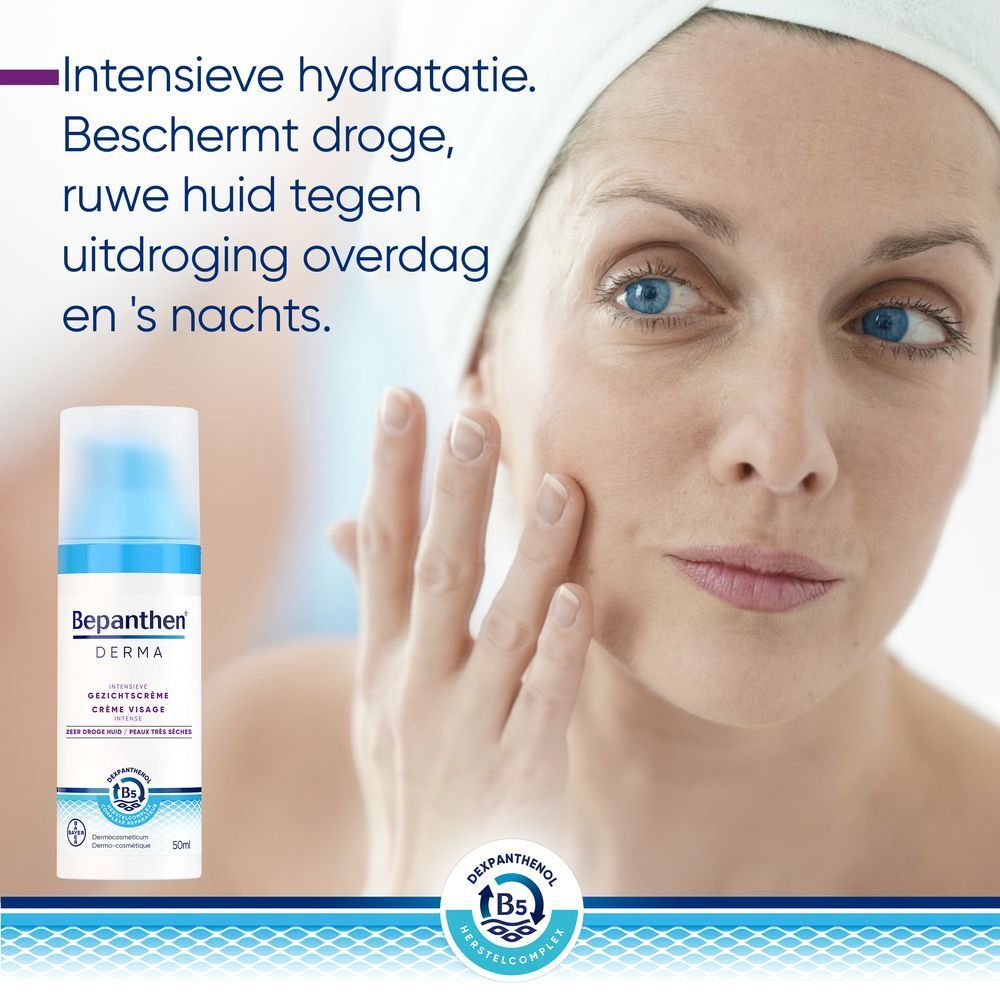 Fles Bepanthen Derma Crème Visage Intense. Blauwe en witte kleuren.