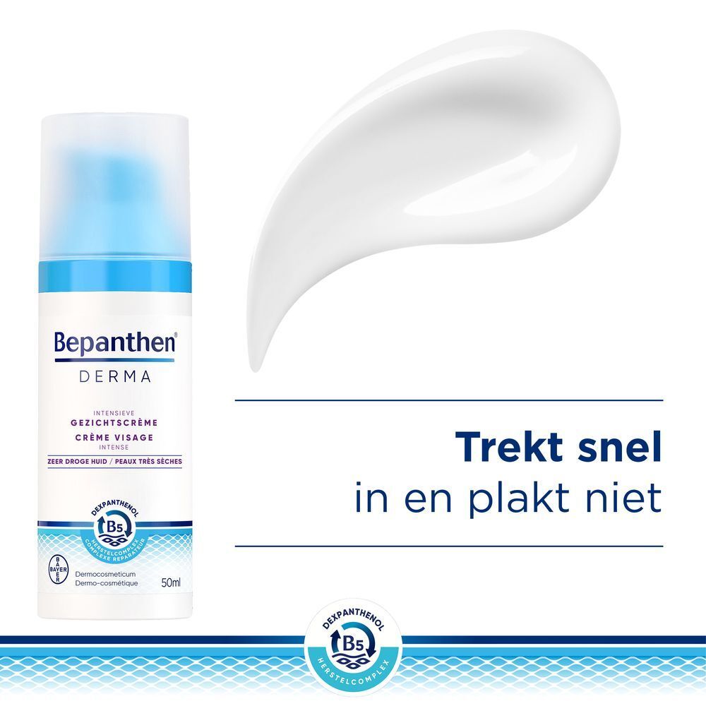 Fles Bepanthen Derma Crème Visage Intense. Blauwe en witte kleuren.