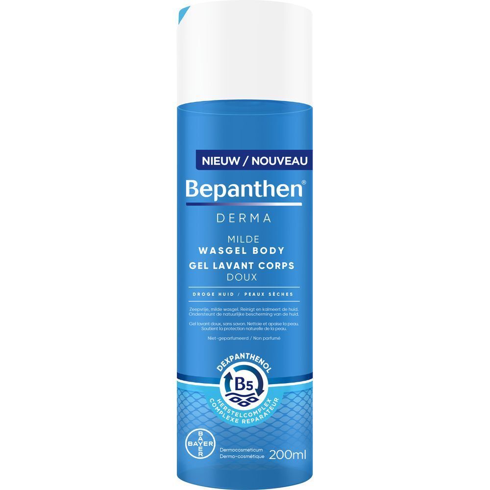 Bepanthen Derma wasgel. Blauwe fles met witte dop. Tekst: Milde wasgel voor de droge huid.