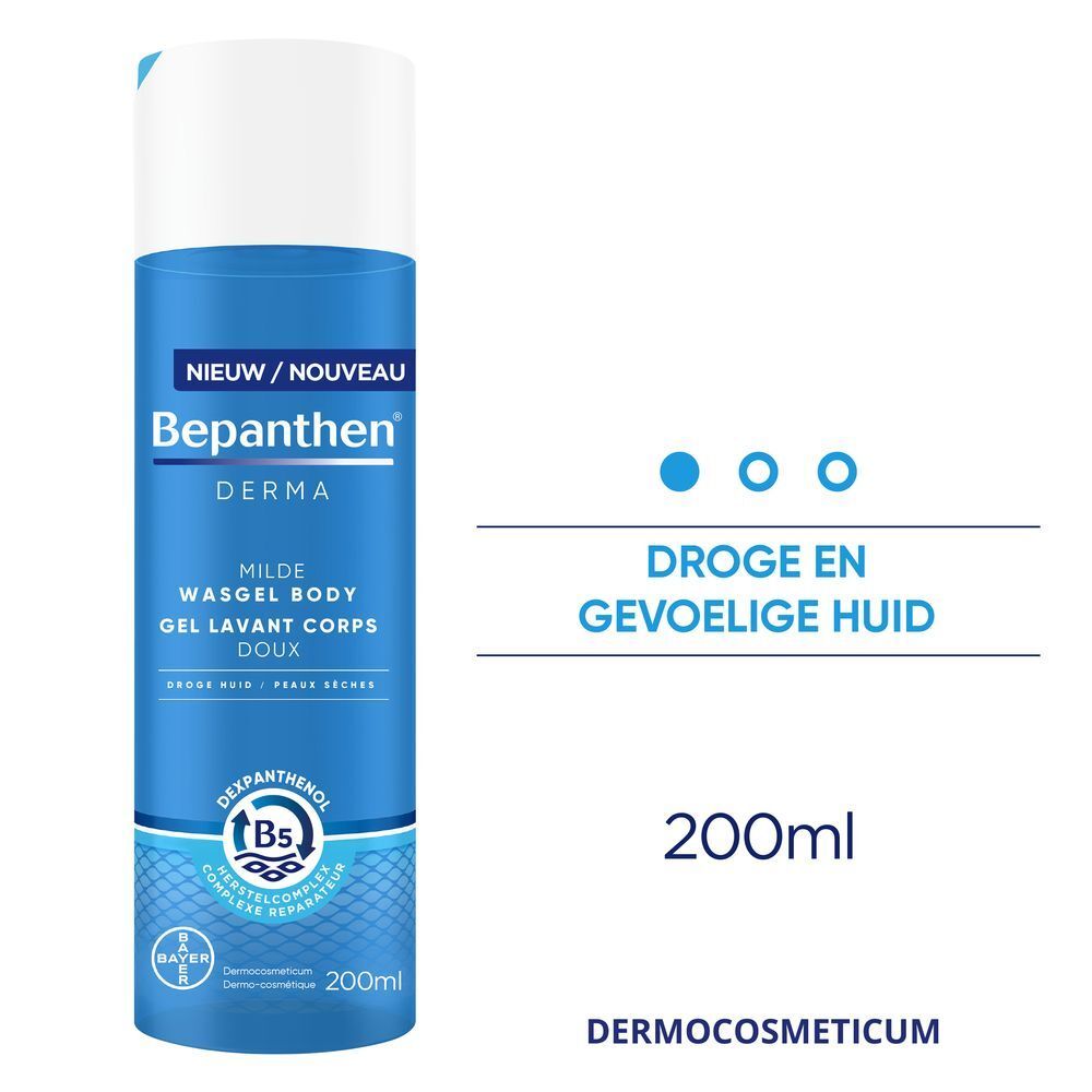 Bepanthen Derma wasgel. Blauwe fles met witte dop. Tekst: Milde wasgel voor de droge huid.