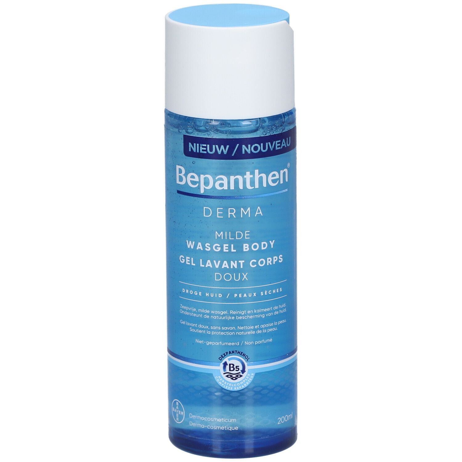 Bepanthen Derma wasgel. Blauwe fles met witte dop. Tekst: Milde wasgel voor de droge huid.
