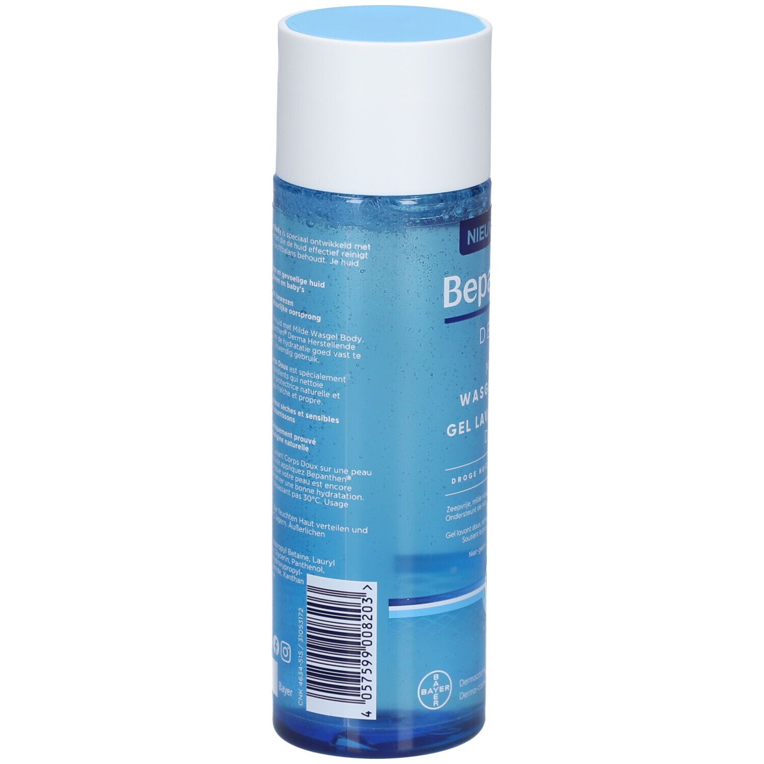 Achterkant van de Bepanthen Derma wasgelfles. Tekst en barcode. Blauwe en witte kleuren.