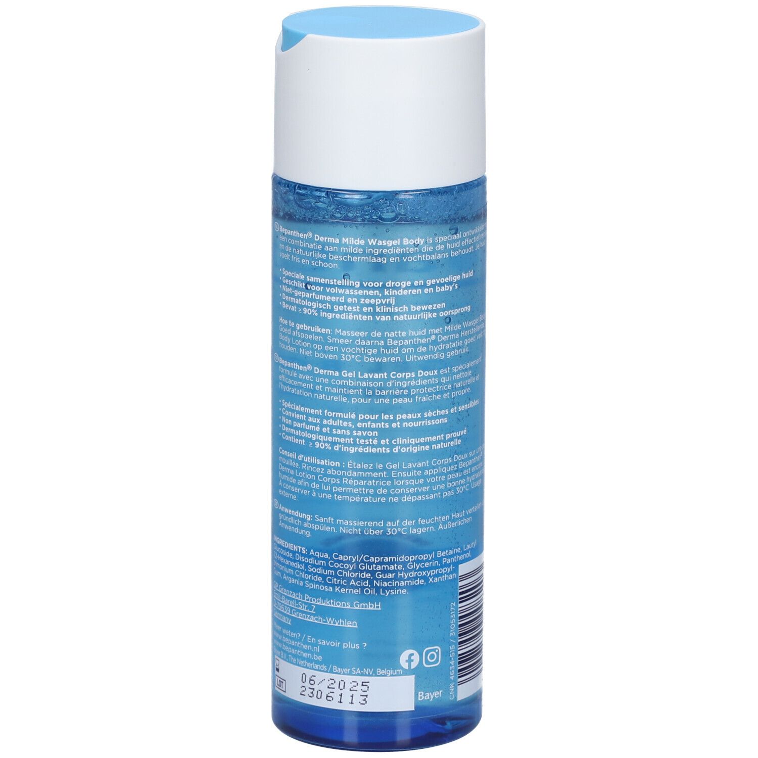 Achterkant van de Bepanthen Derma wasgelfles. Tekst en barcode. Blauwe en witte kleuren.