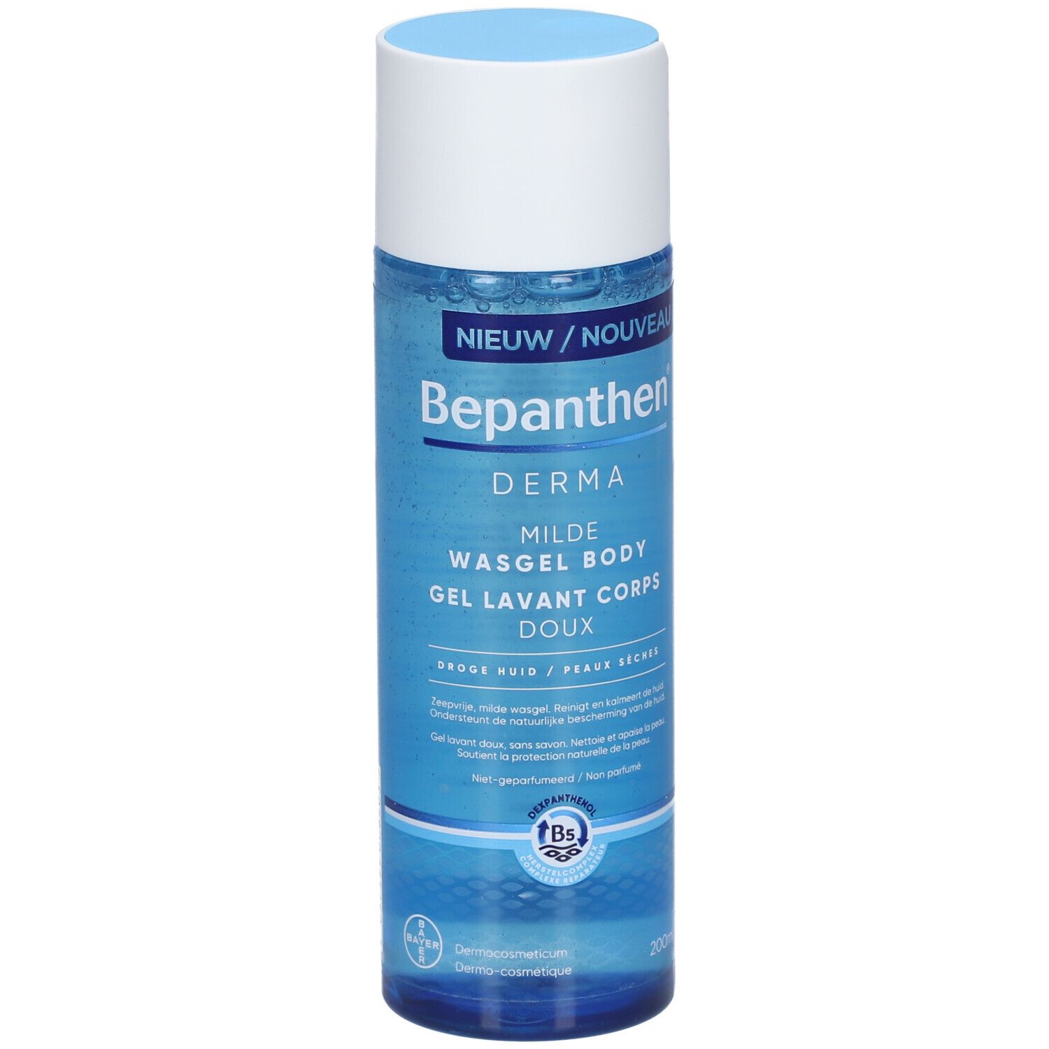 Bepanthen Derma wasgel. Blauwe fles met witte dop. Tekst: Milde wasgel voor de droge huid.