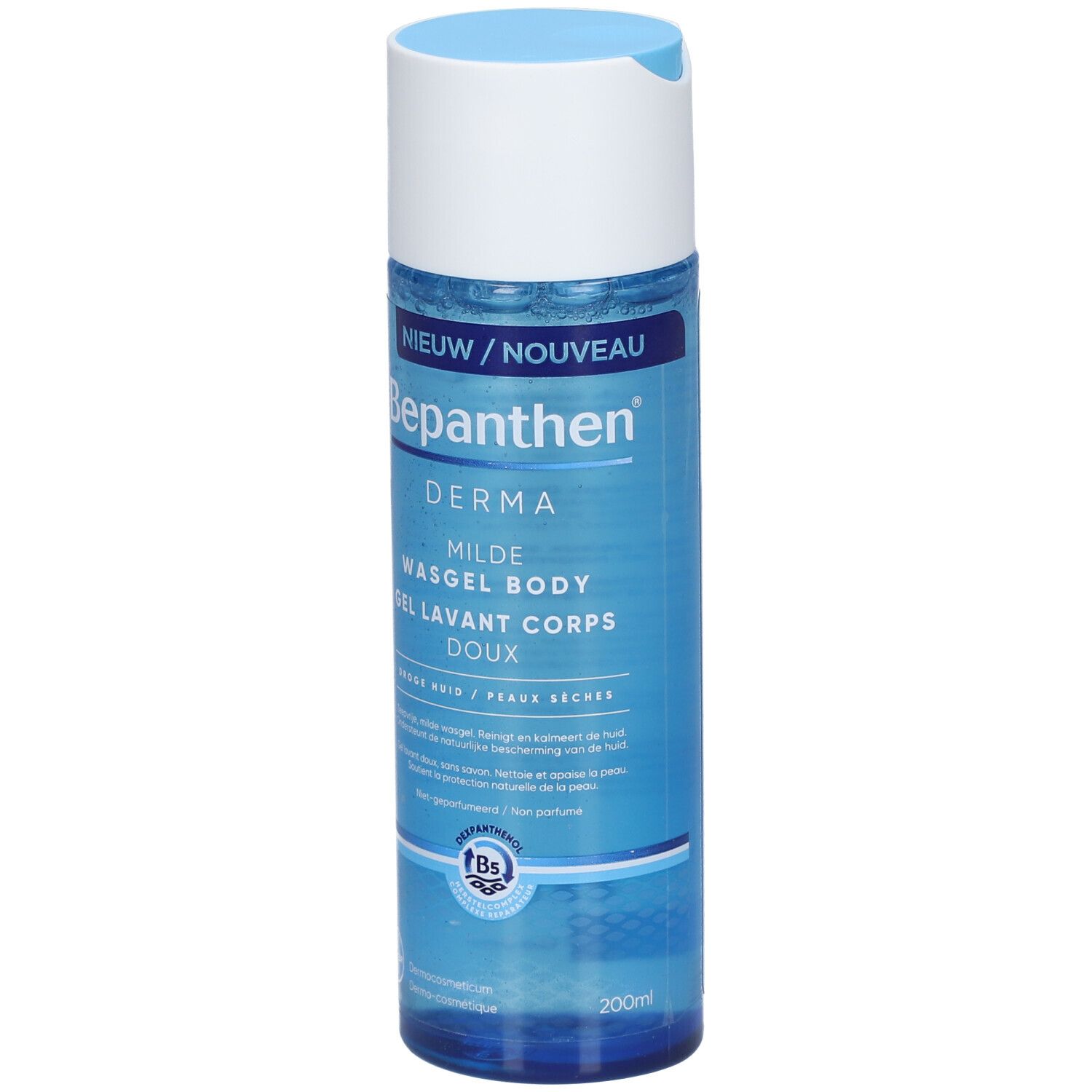 Bepanthen Derma wasgel. Blauwe fles met witte dop. Tekst: Milde wasgel voor de droge huid.